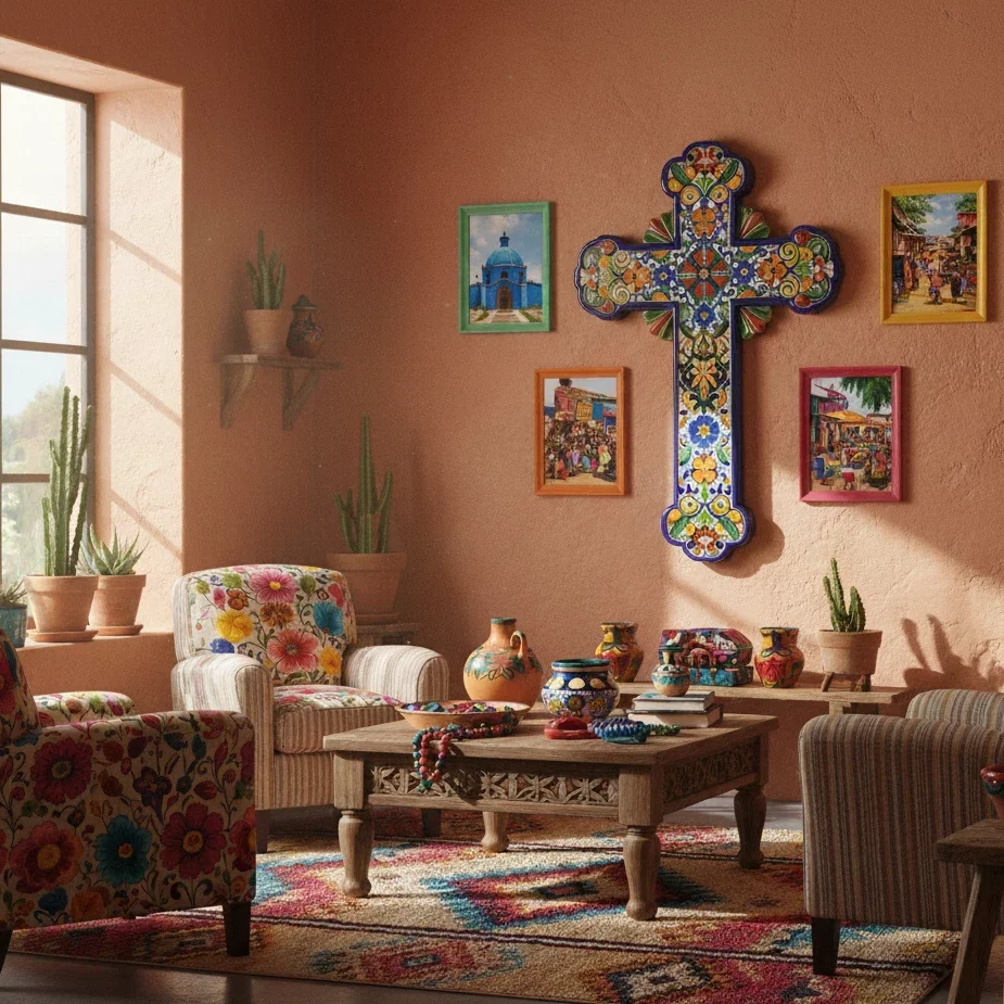 Colorful living room with Mexican cross and folk art