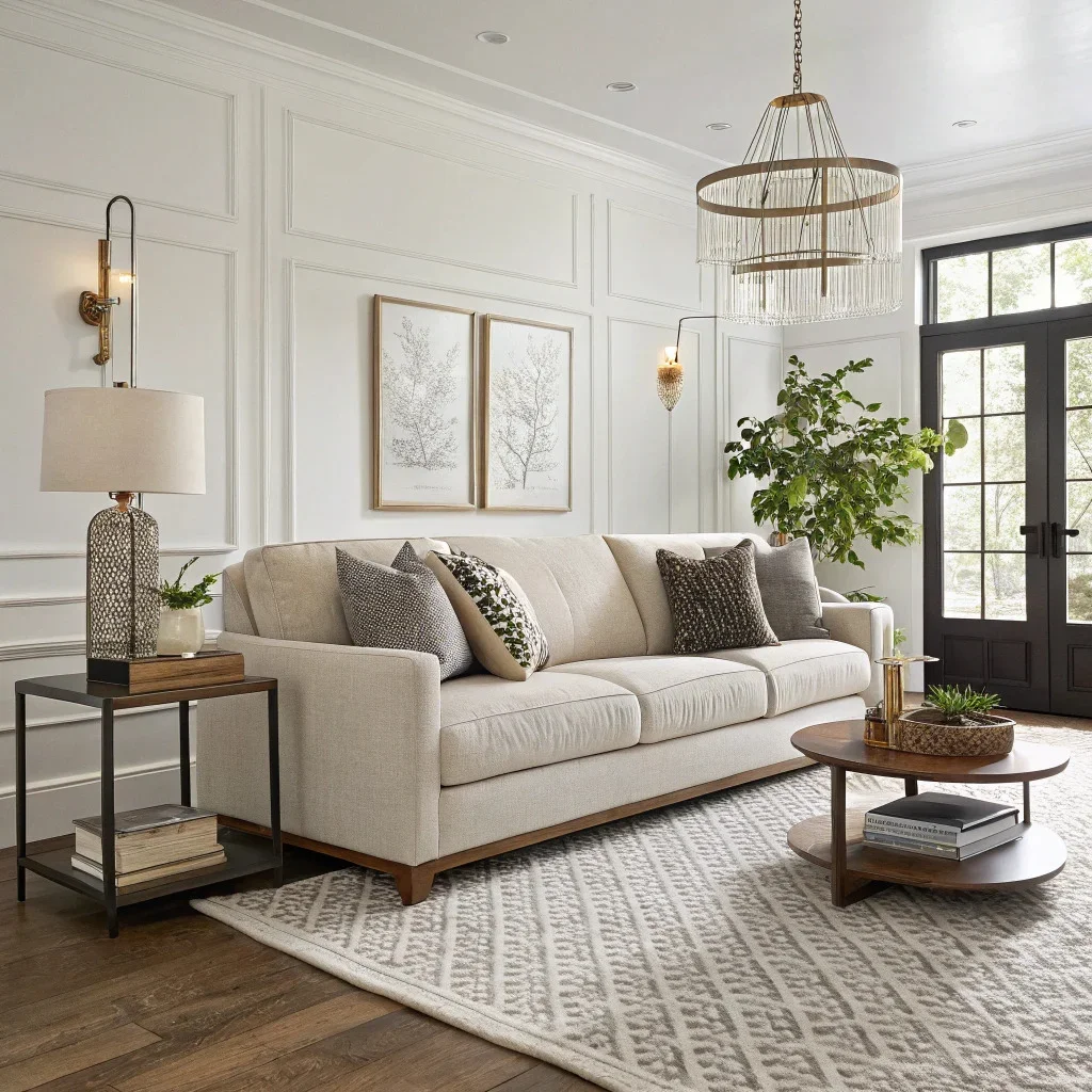 A calm transitional living room with soft white walls, a neutral sofa, warm oak accents, and layered textures in linen and wool. Subtle contrast comes from soft-black details and brushed-metal lighting, creating a serene, richly layered palette.
