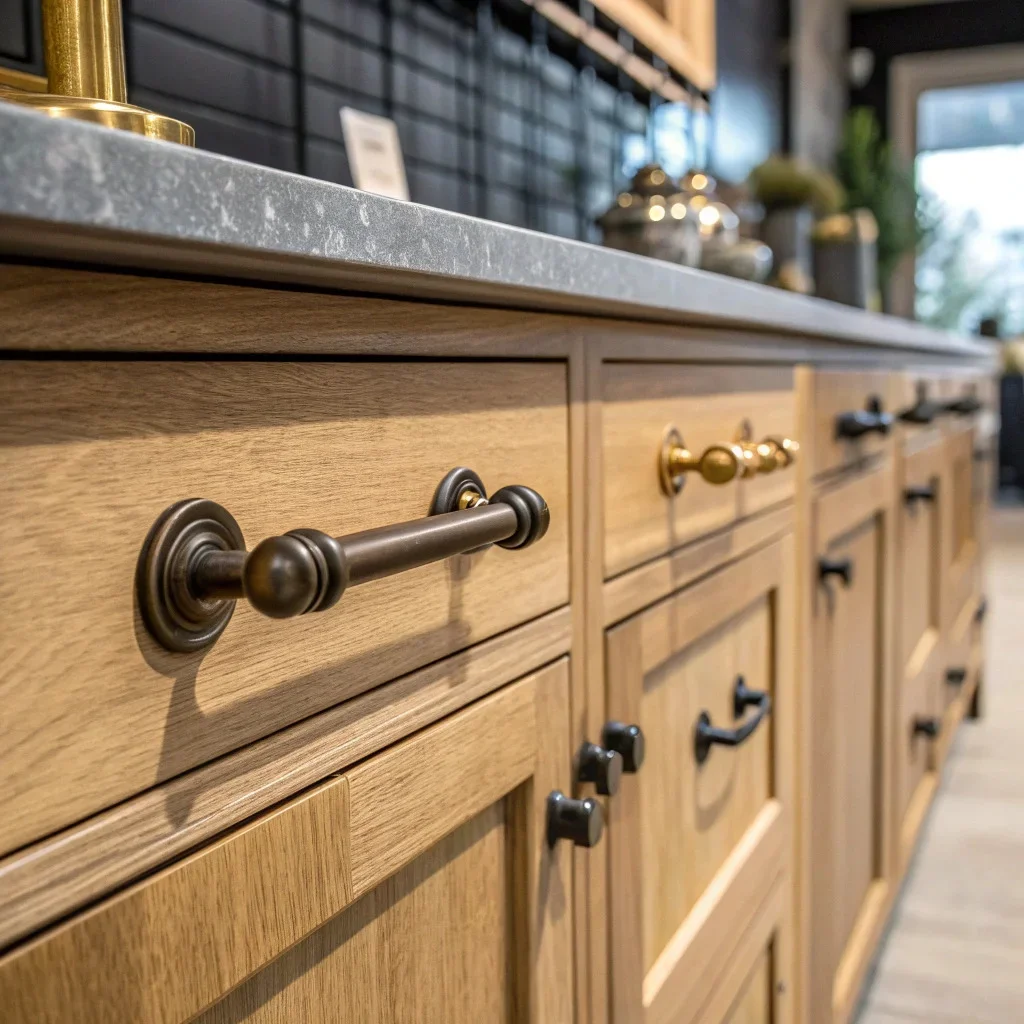 Farmhouse-style hardware in aged brass, antique bronze, and matte black on a wooden cabinet, showing subtle patina and clean modern lines.