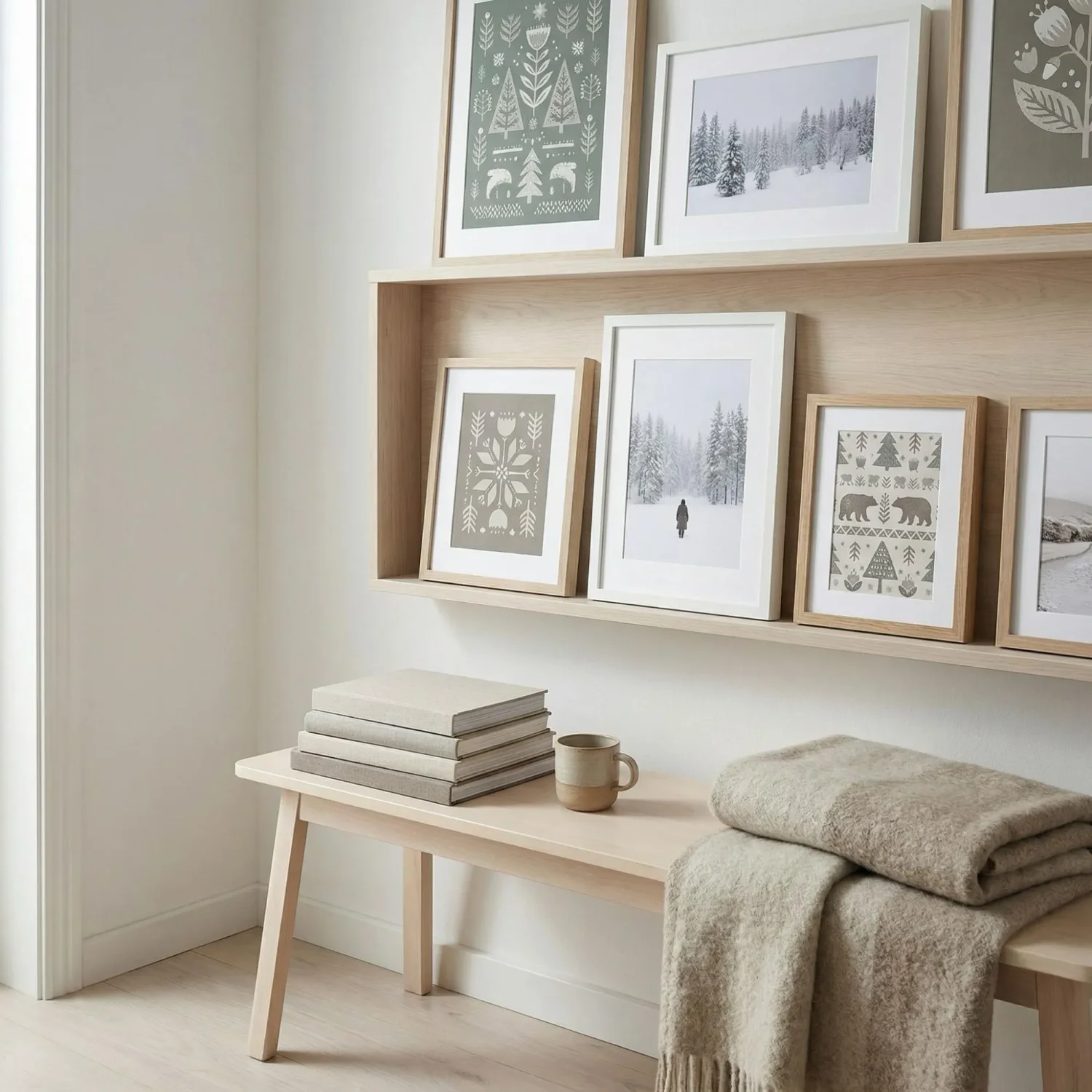 Nordic reading nook framed folk art prints shelf