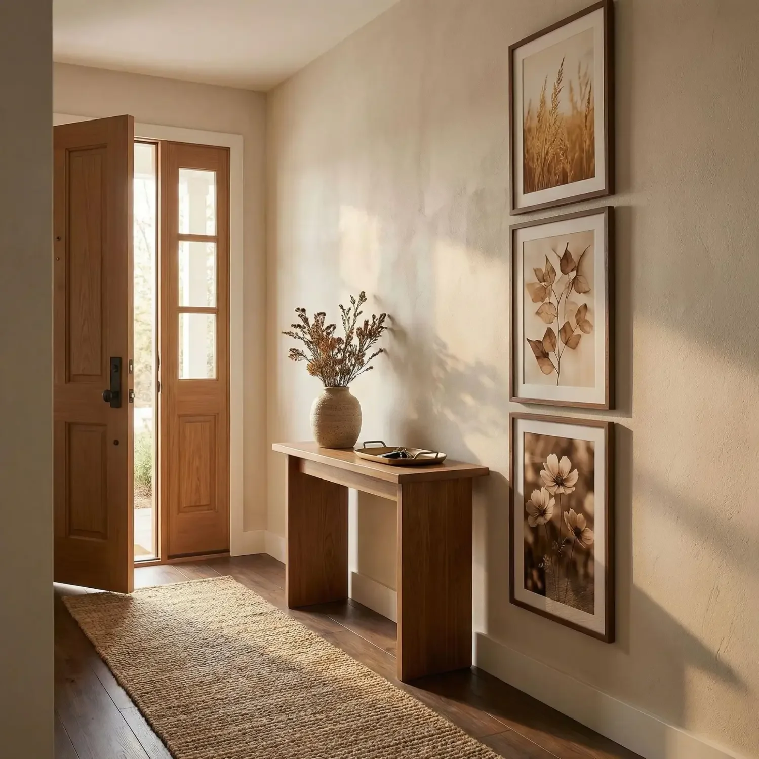 Vertical framed photos stack in home entryway
