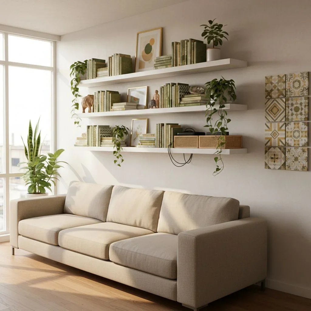 Living room shelves with art, books, and plants