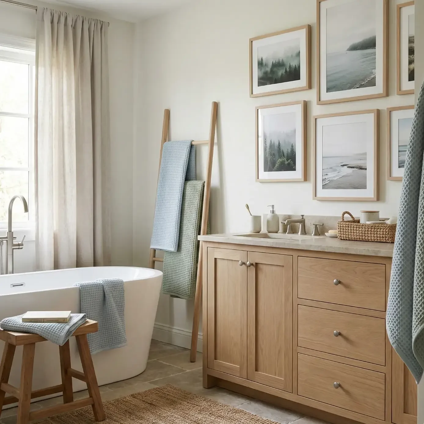 Serene bathroom with freestanding tub and gallery wall photos.