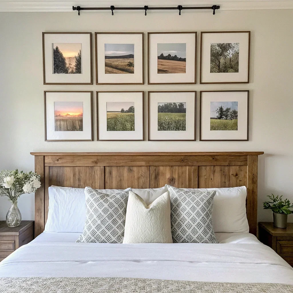Farmhouse bedroom wall featuring a 2x4 grid above the headboard with soft landscapes, botanicals, or wedding photos in coordinated frames.