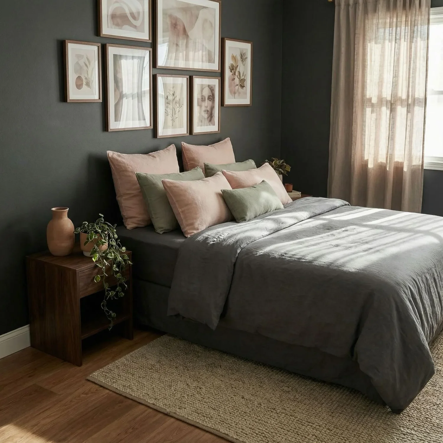 Charcoal bedroom with blush and sage green accents