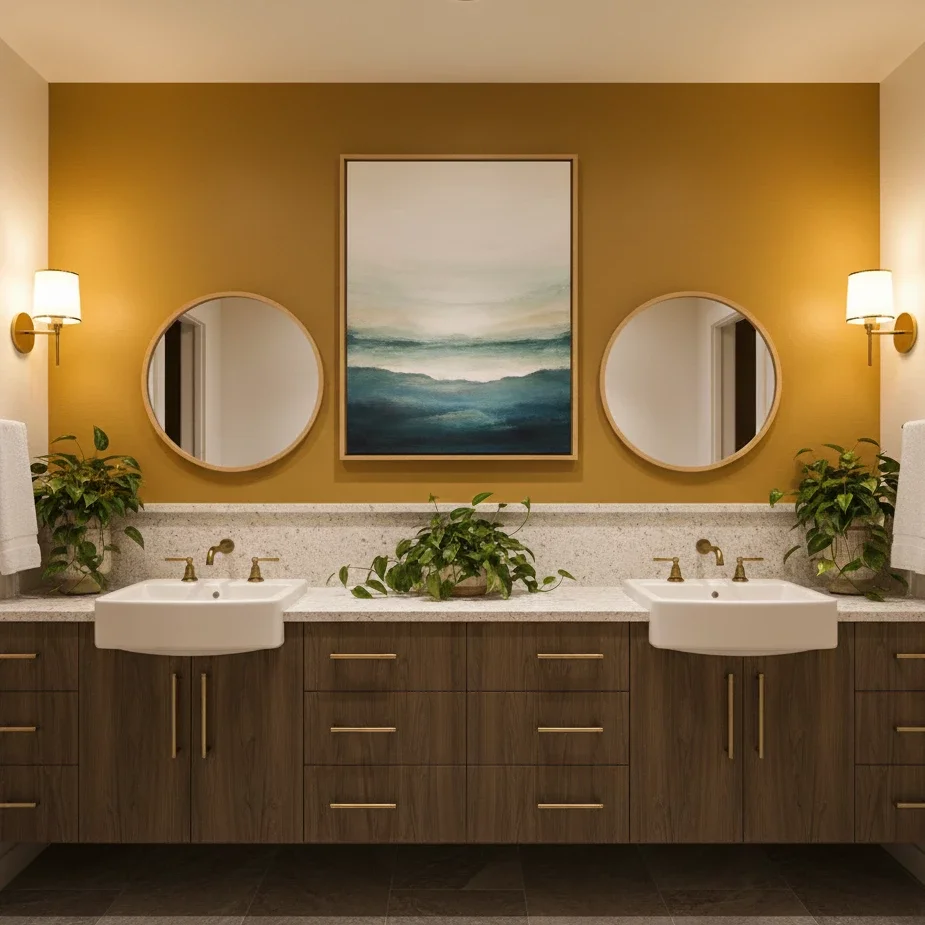 Modern bathroom with double vanity, round mirrors, and plants