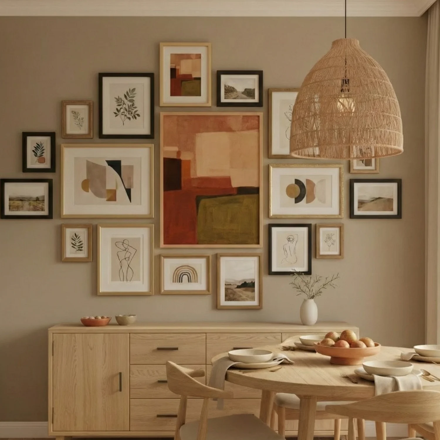 Warm dining room gallery wall with mixed frames and family photos