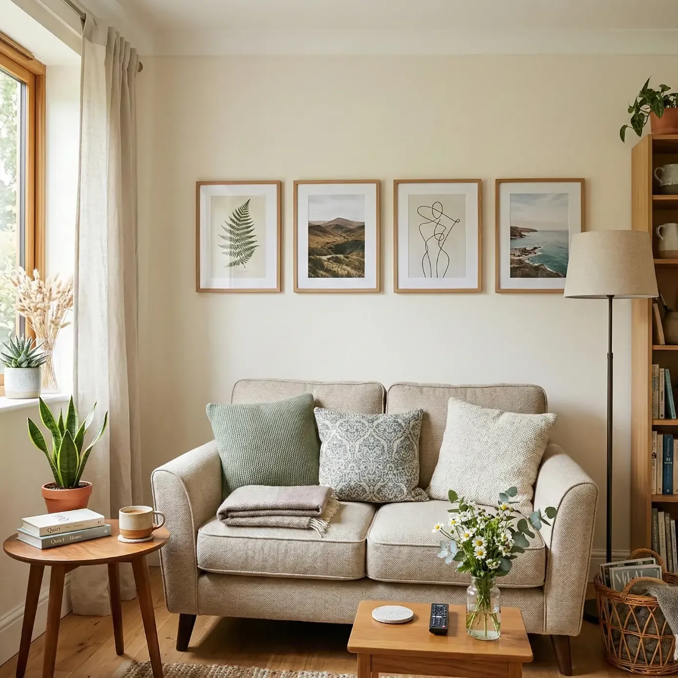 Cozy living room with loveseat, plants, and framed wall art
