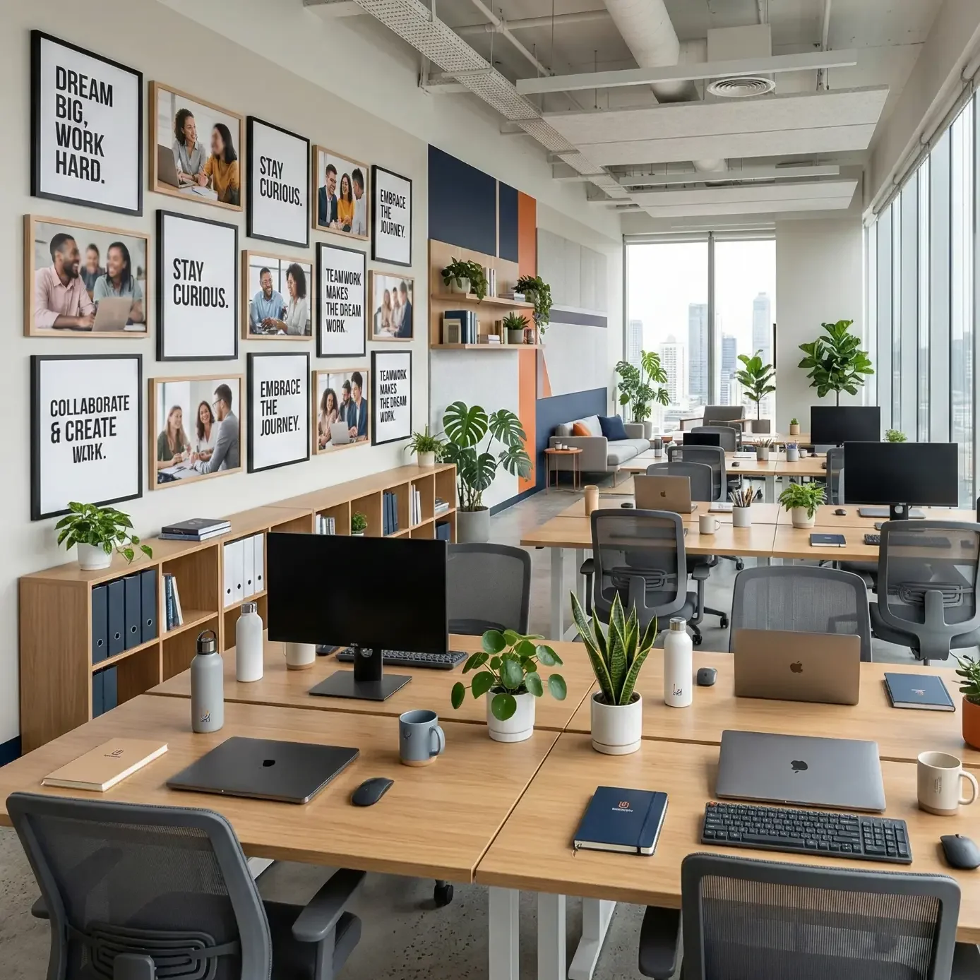 Bright coworking space with laptops, greenery, and gallery wall
