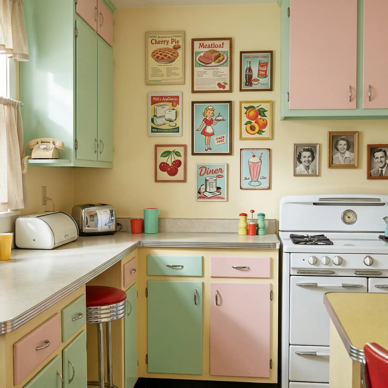 kitchen with colorful cabinets and vintage wall art