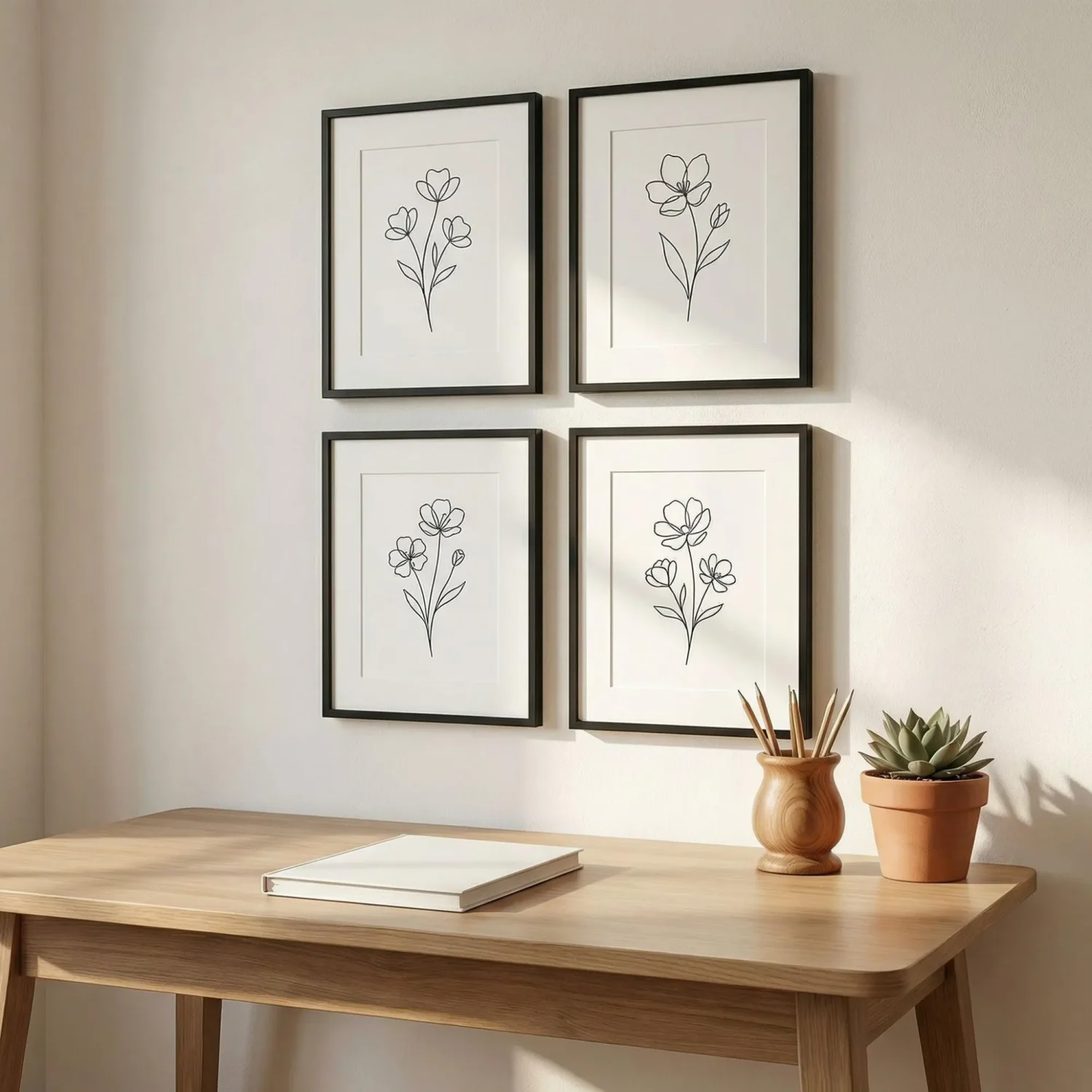 Minimal line floral art above home office desk