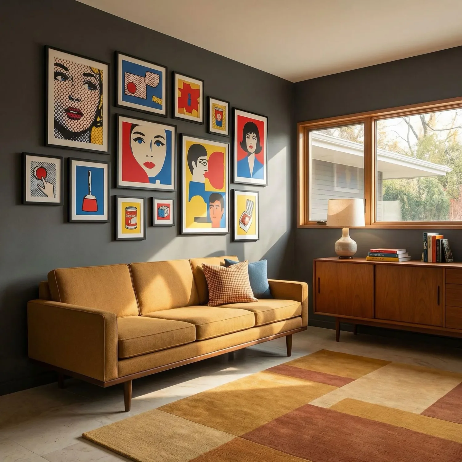 Mid-century modern room with Pop Art framed photos