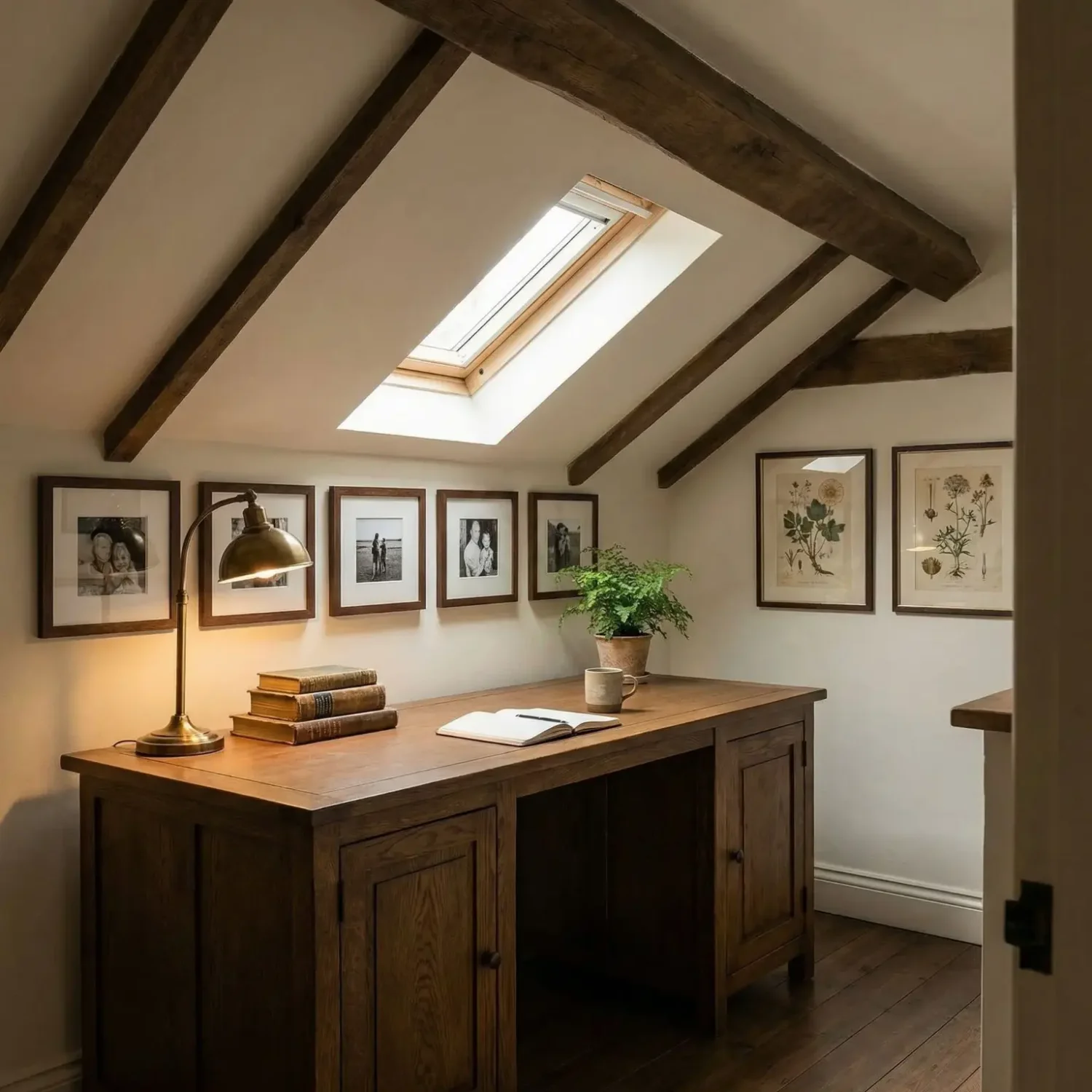 Attic office horizontal gallery above desk slanted wall