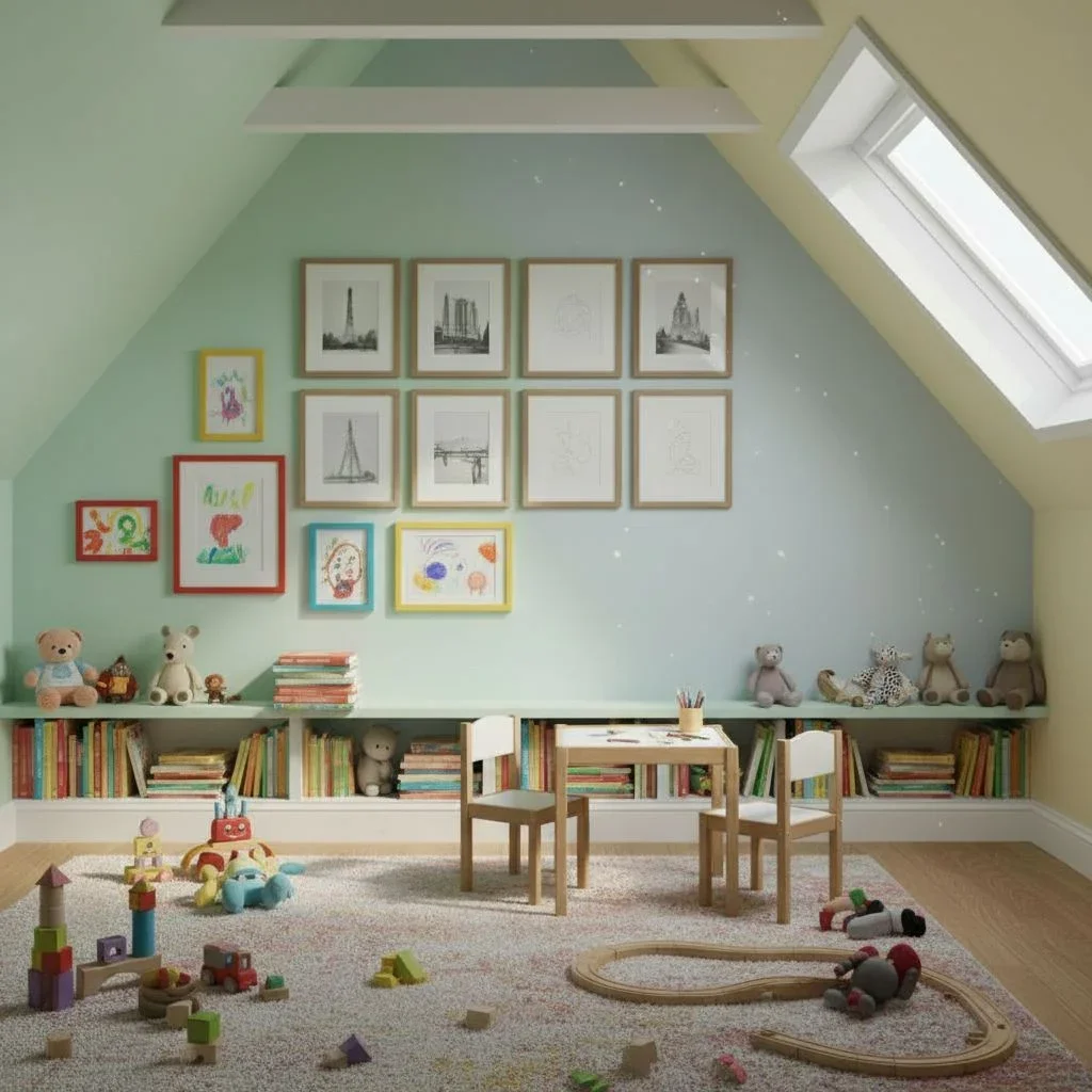 Colorful gallery at child height in play loft