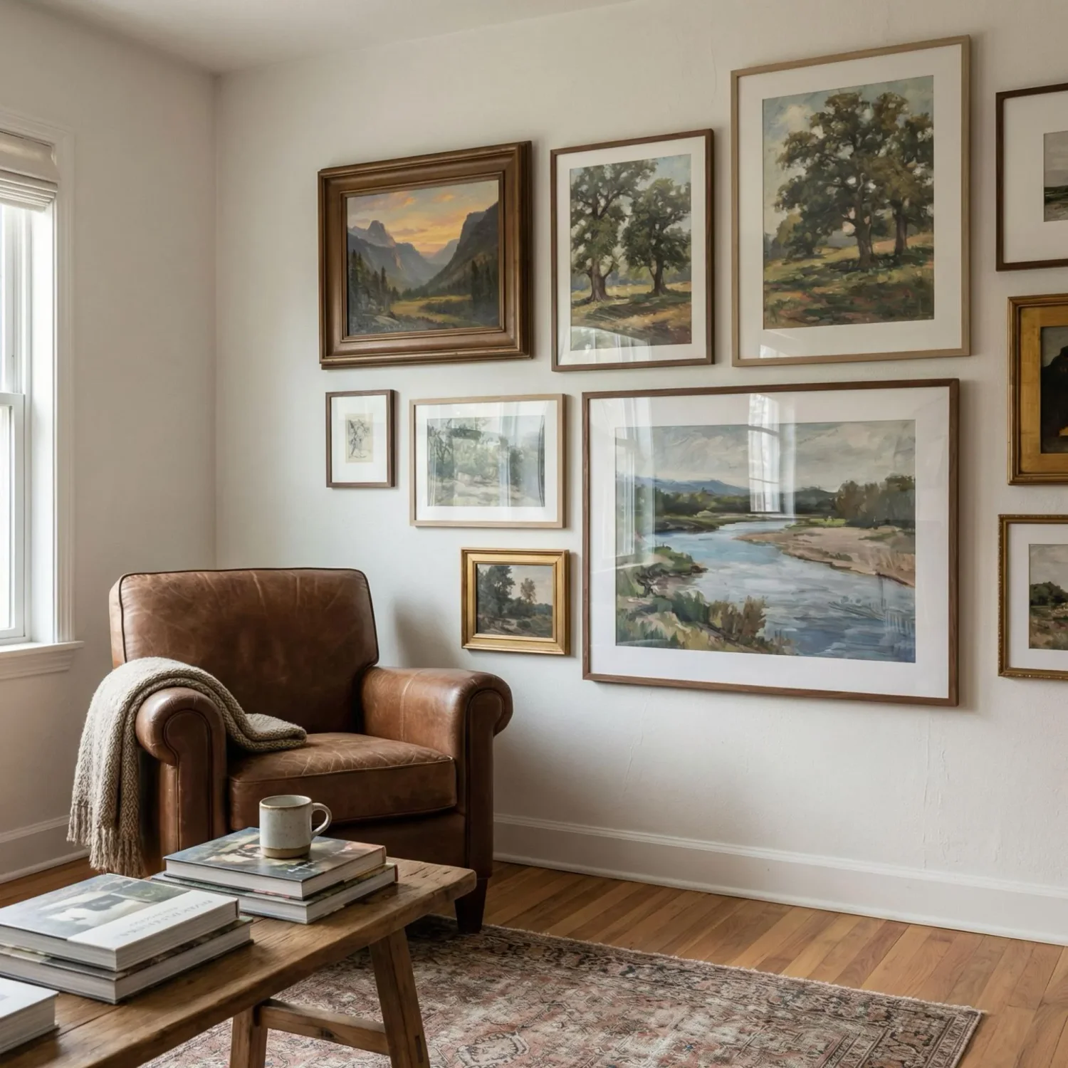 Living room gallery wall with framed landscape art