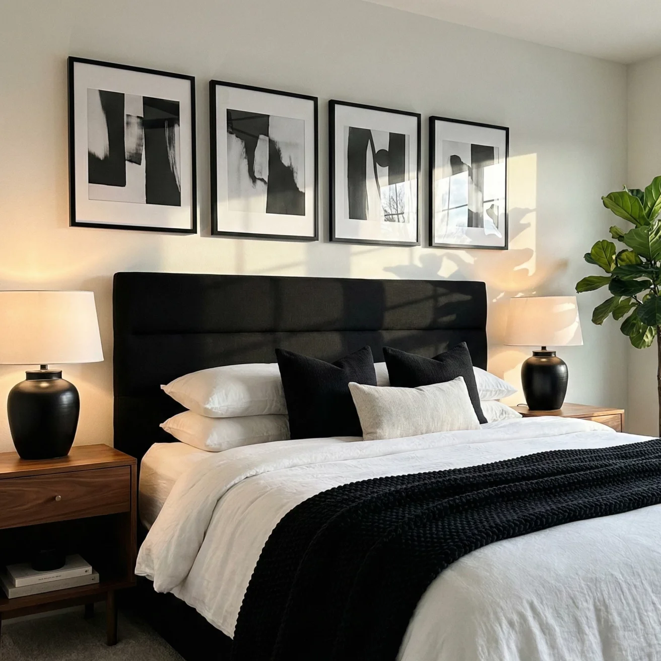 Modern bedroom with black-and-white art and a dark upholstered bed