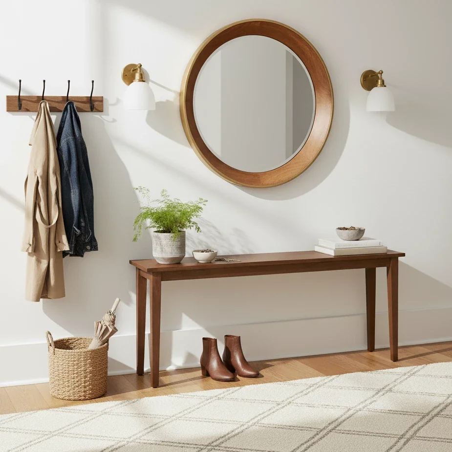 Bright entryway with wood bench, round mirror, and coat hooks