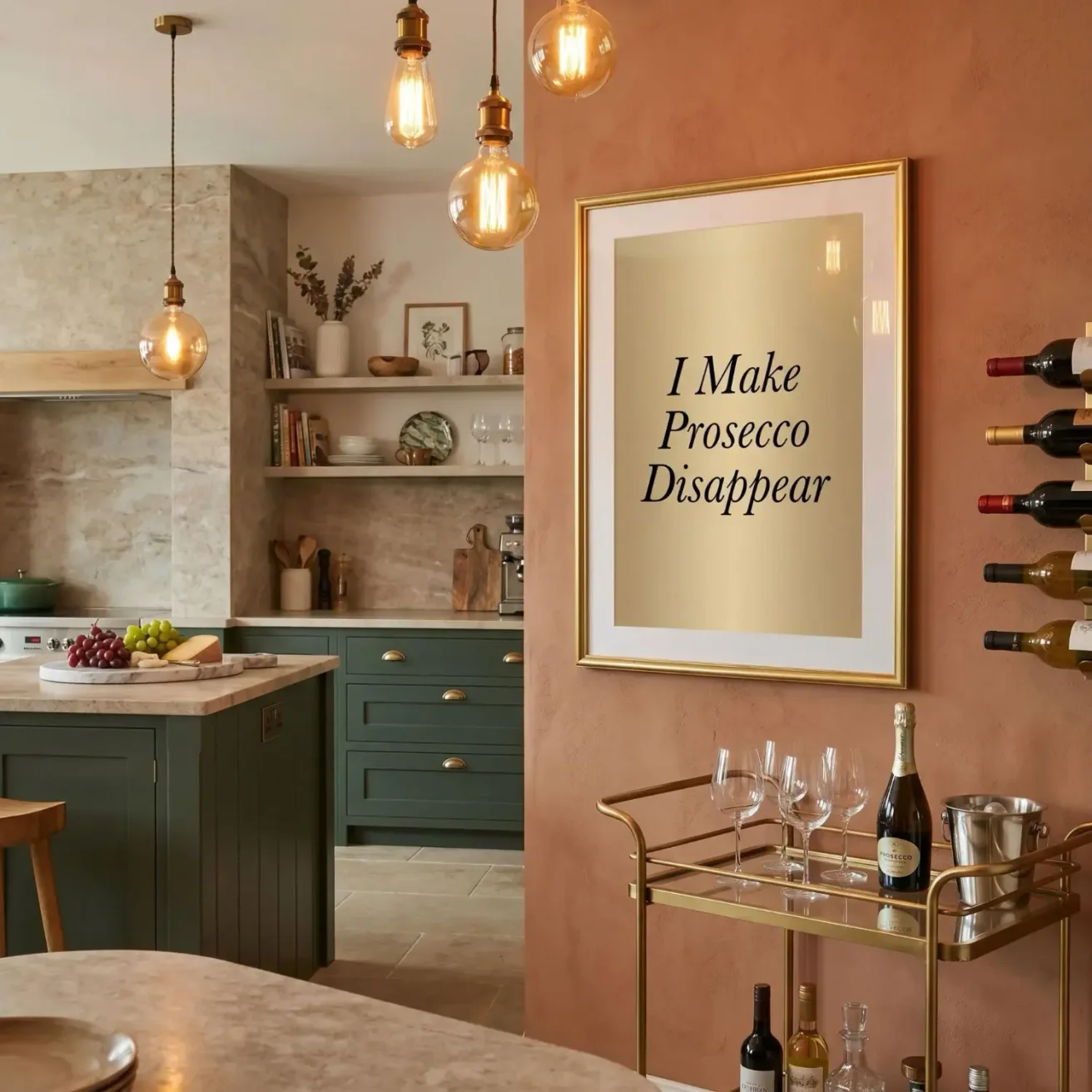 Prosecco quote framed print in elegant kitchen