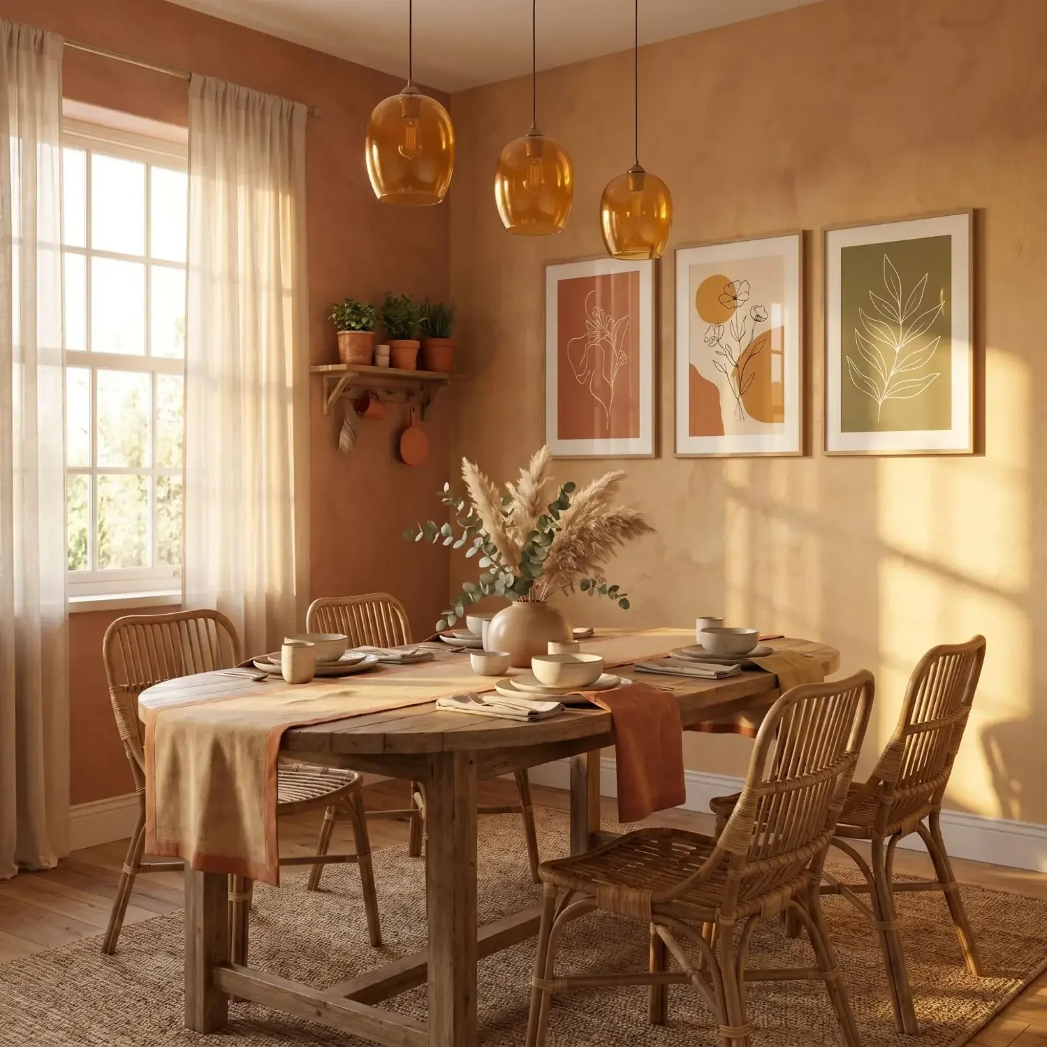 Dining room with floral line art framed pictures
