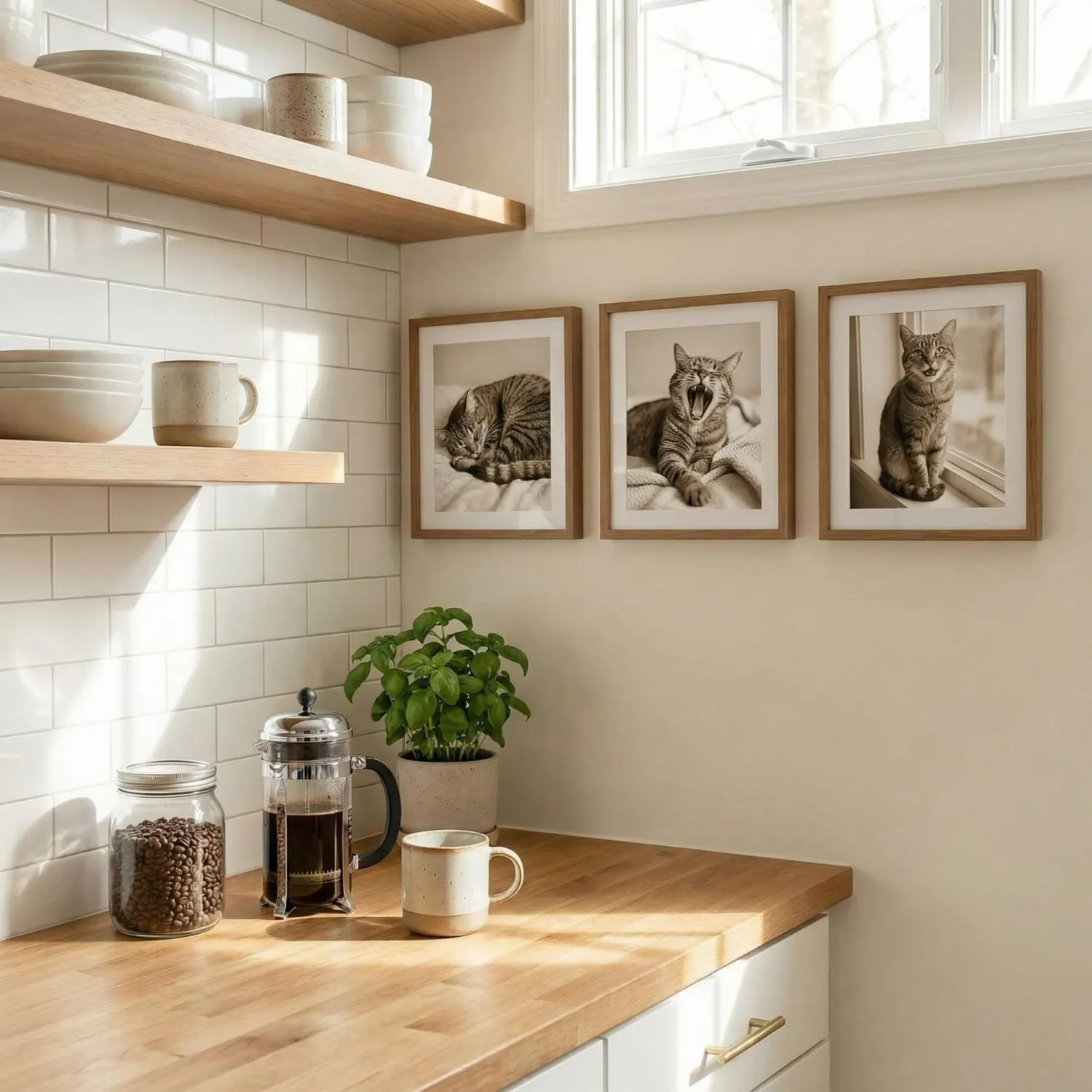 Cat framed photos near kitchen coffee station nook