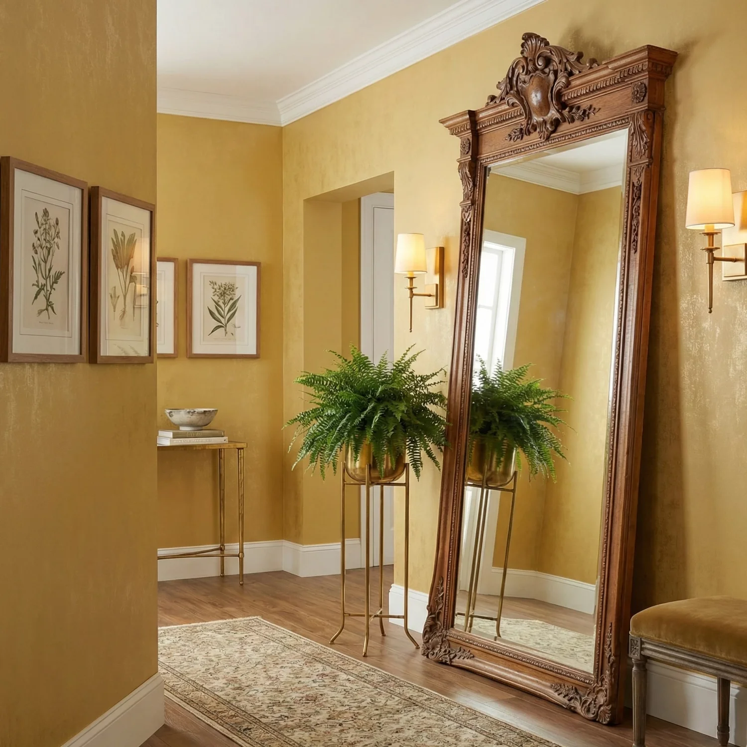 Elegant hallway with ornate floor mirror and golden walls