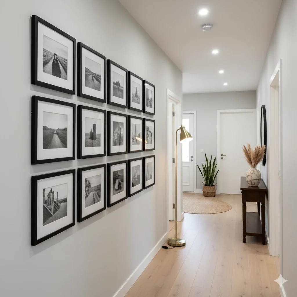 black-and-white photo grid along modern hallway