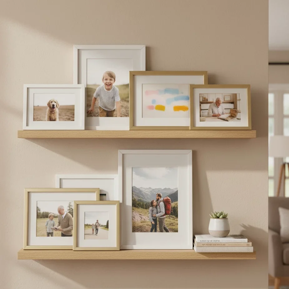 stacked picture ledges with framed family photos on beige wall