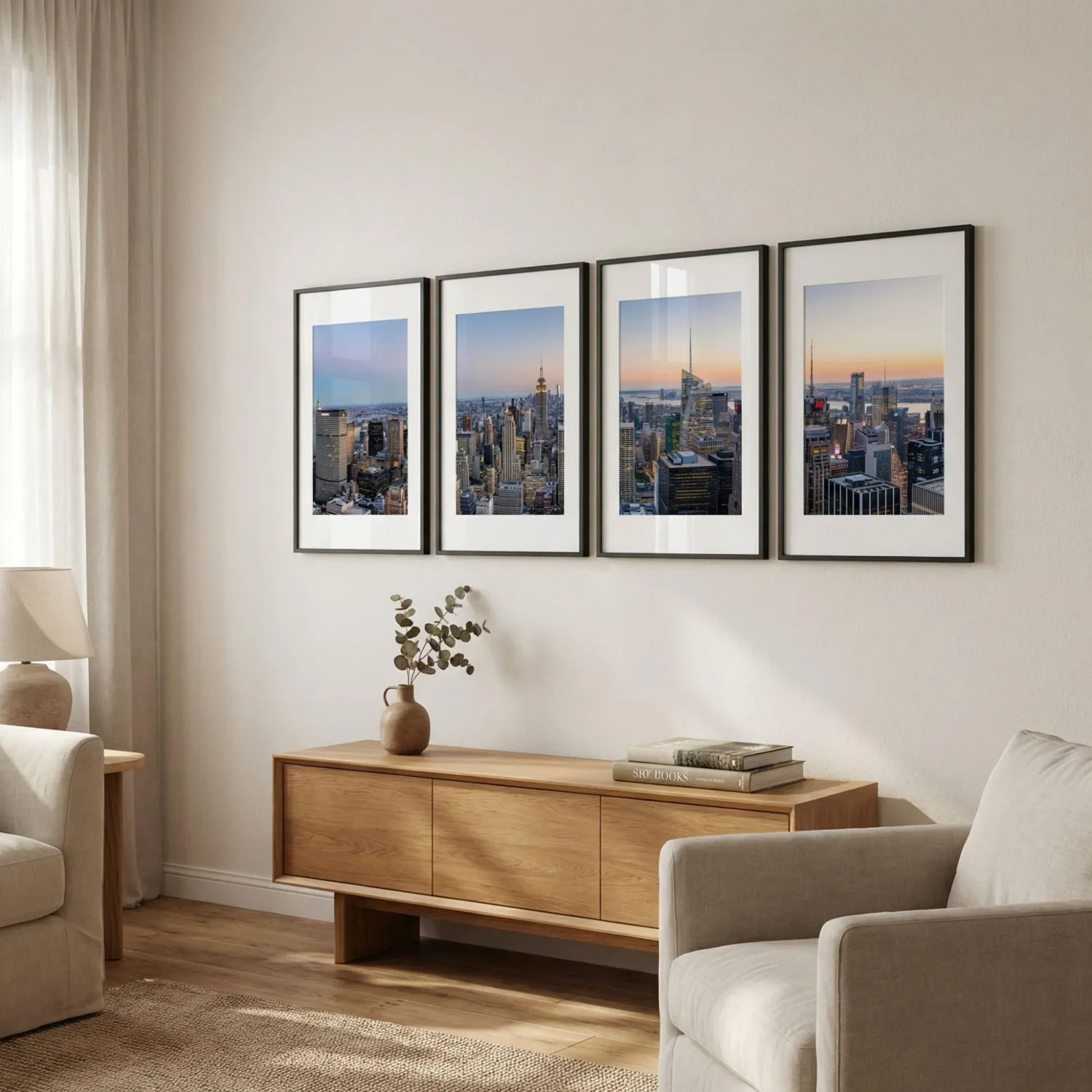 Polyptych landscape split across four framed pictures