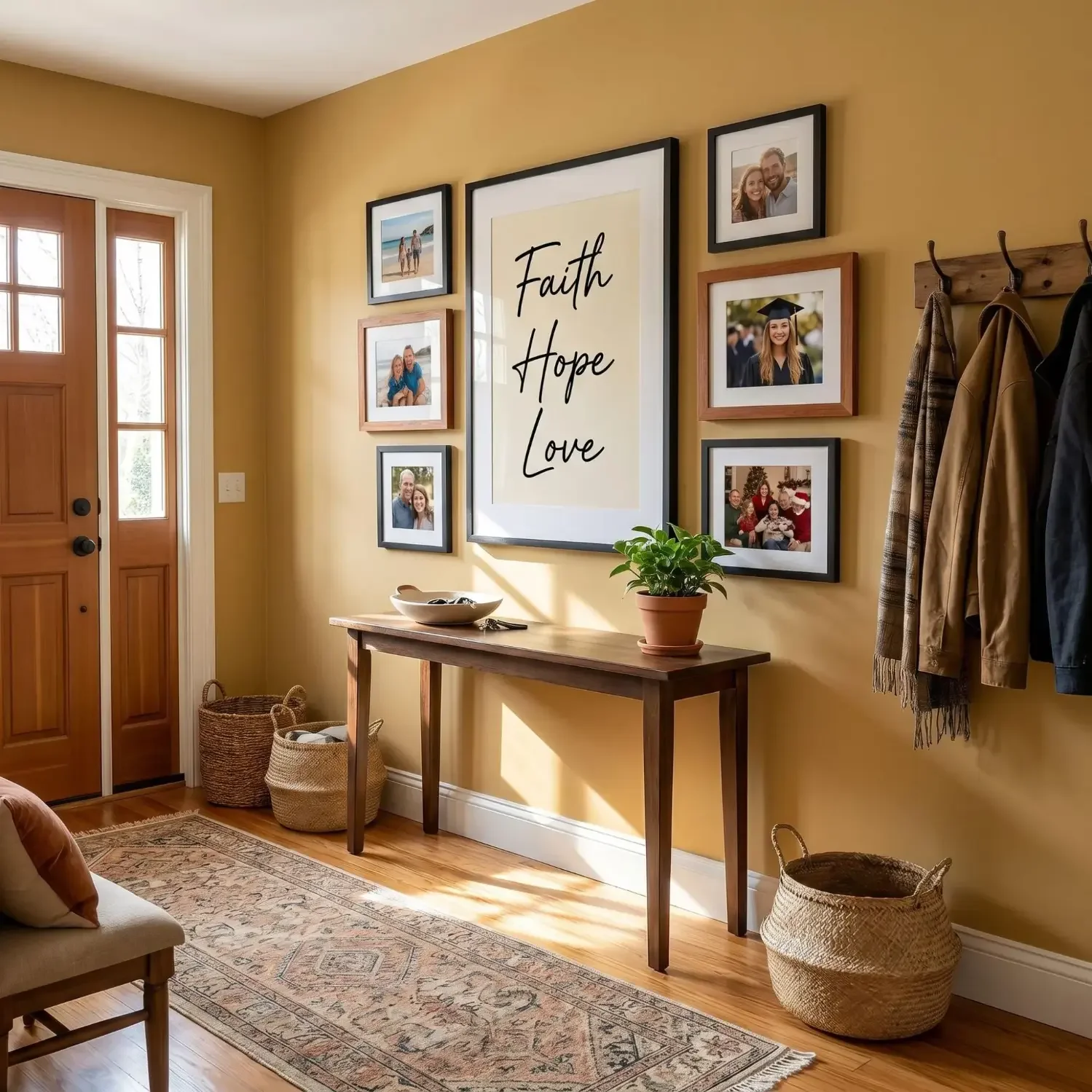 Entryway gallery wall with faith hope love sign