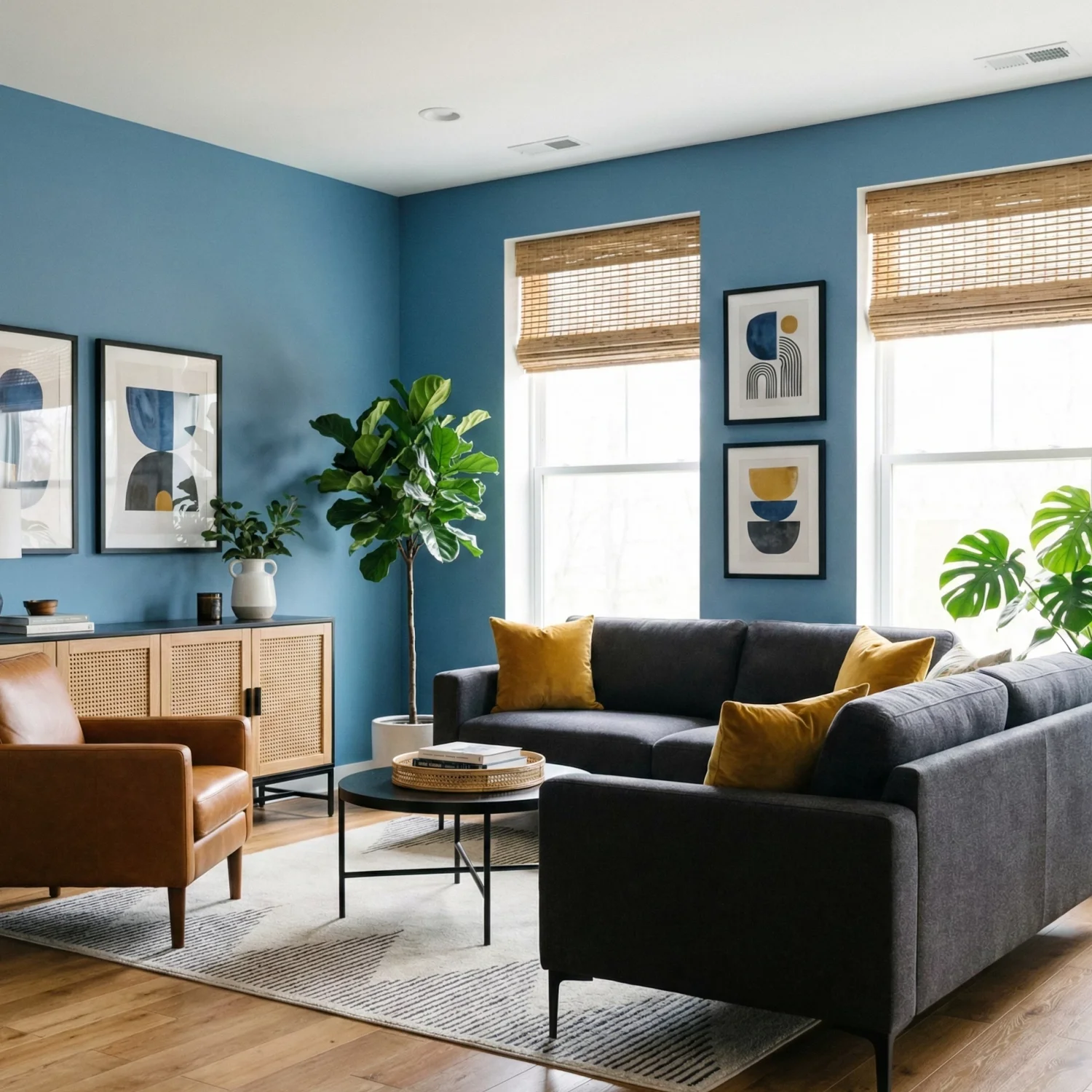 Modern blue living room with gray sectional and bold artwork
