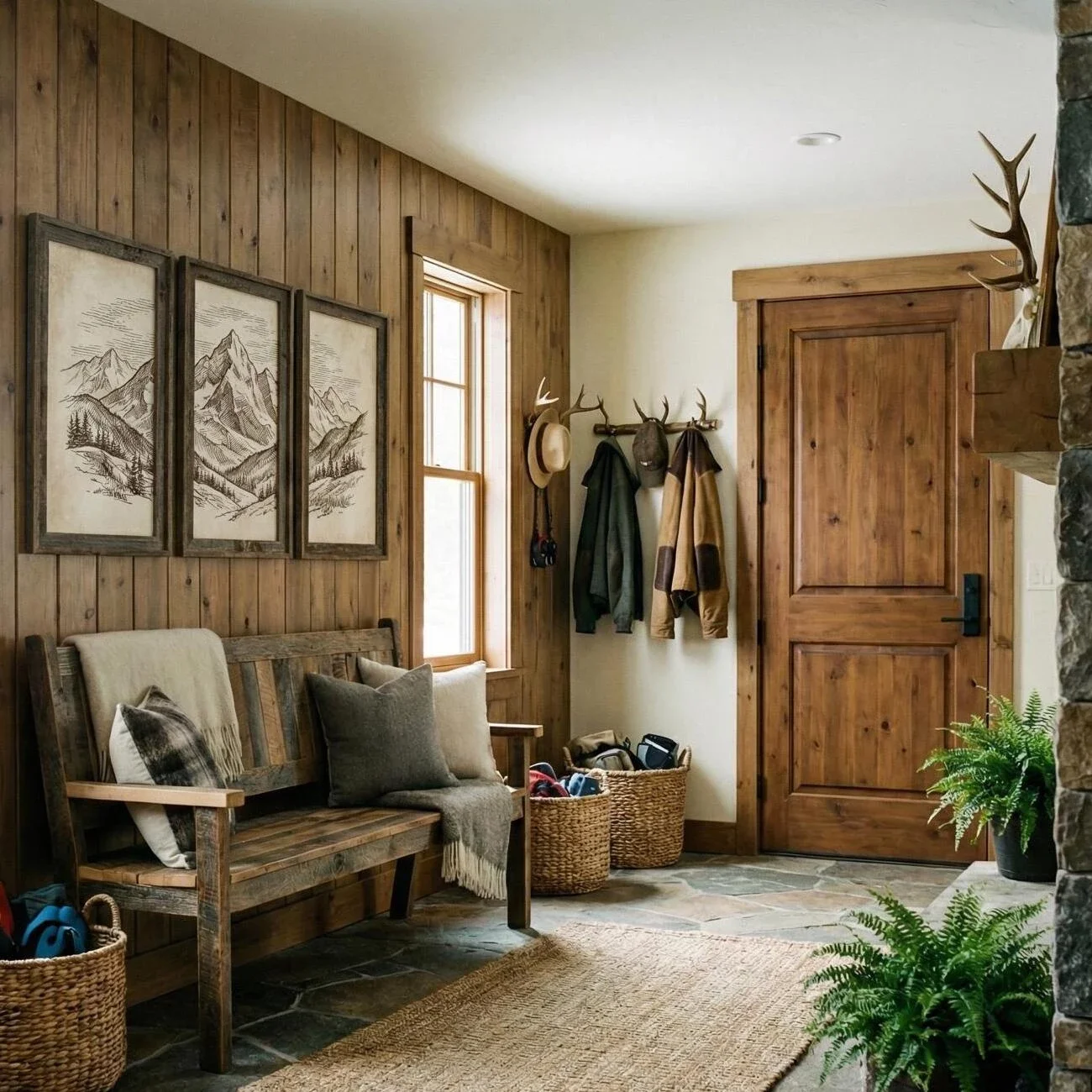 Rustic entryway with wood paneling and mountain art