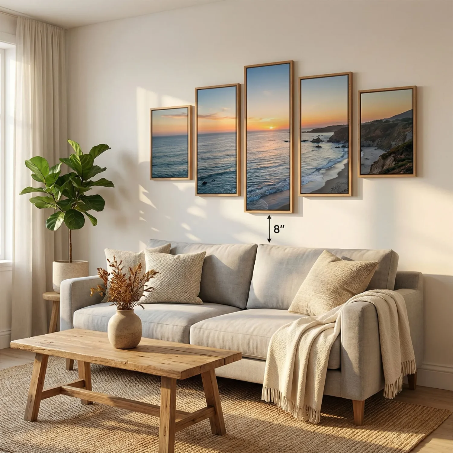 5 piece canvas wall art above living room sofa