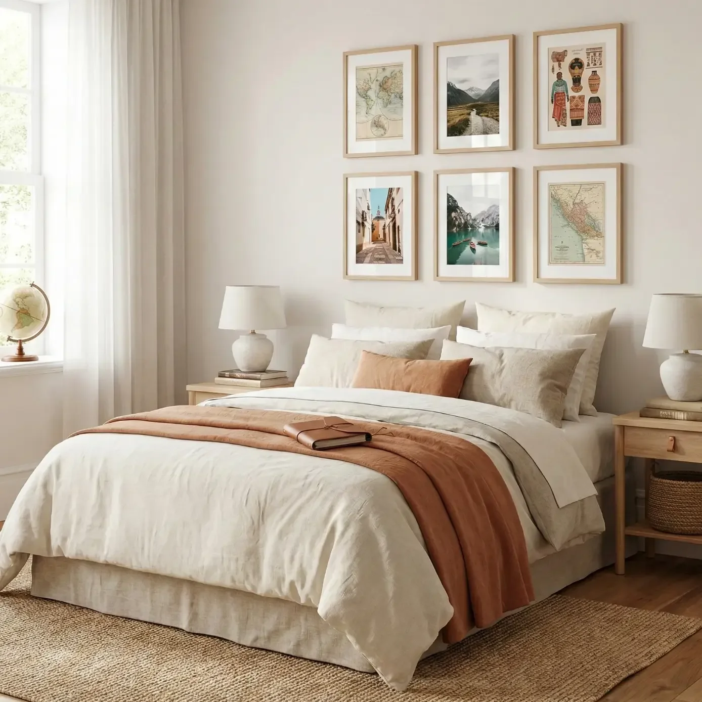 Cozy bedroom with travel photo gallery wall above the bed