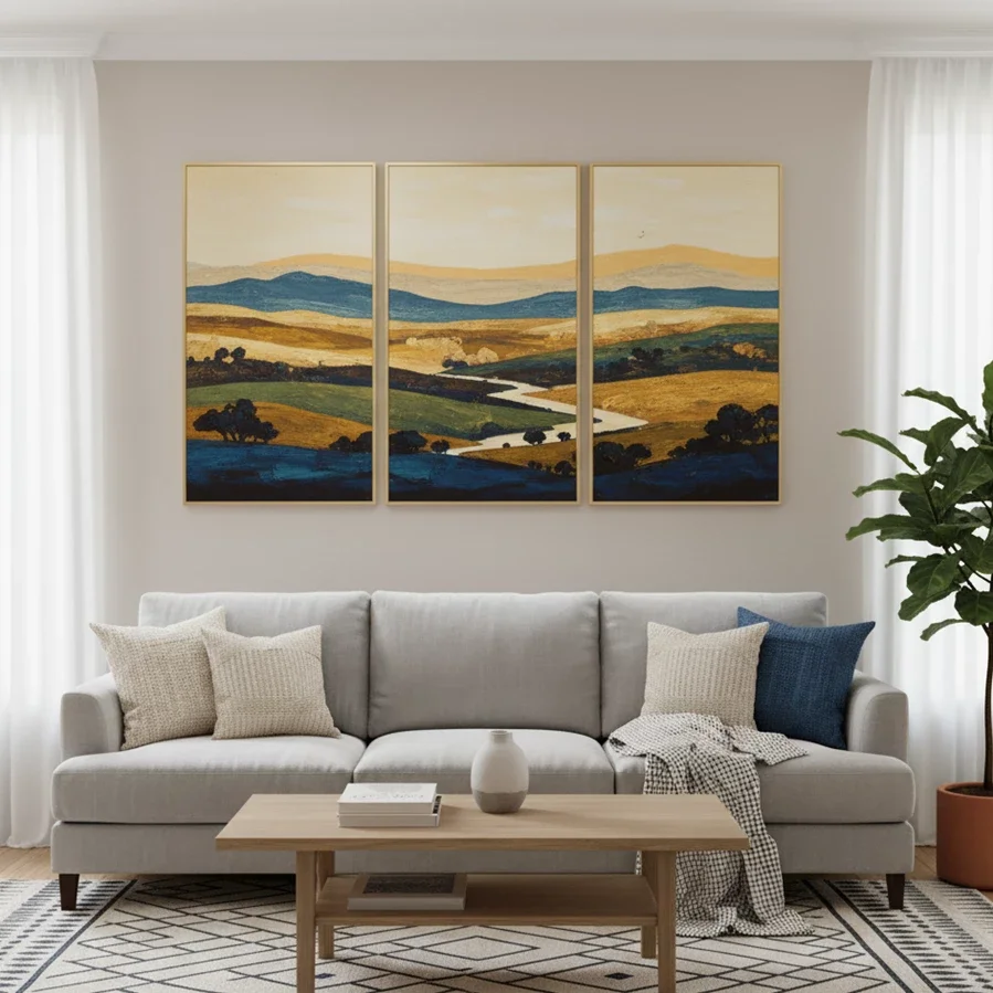 modern living room with landscape triptych over gray sofa