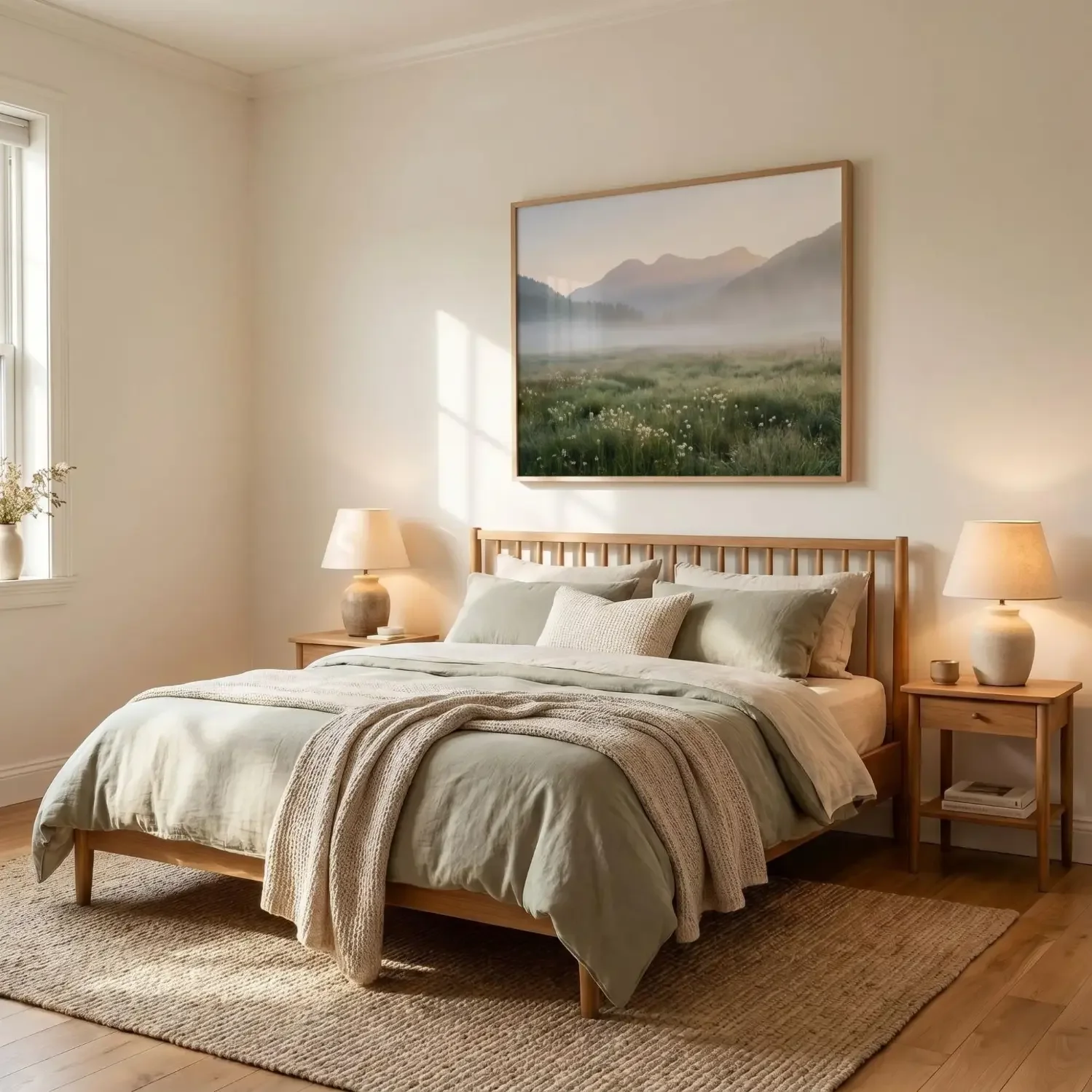 Misty alpine framed photo above bedroom headboard
