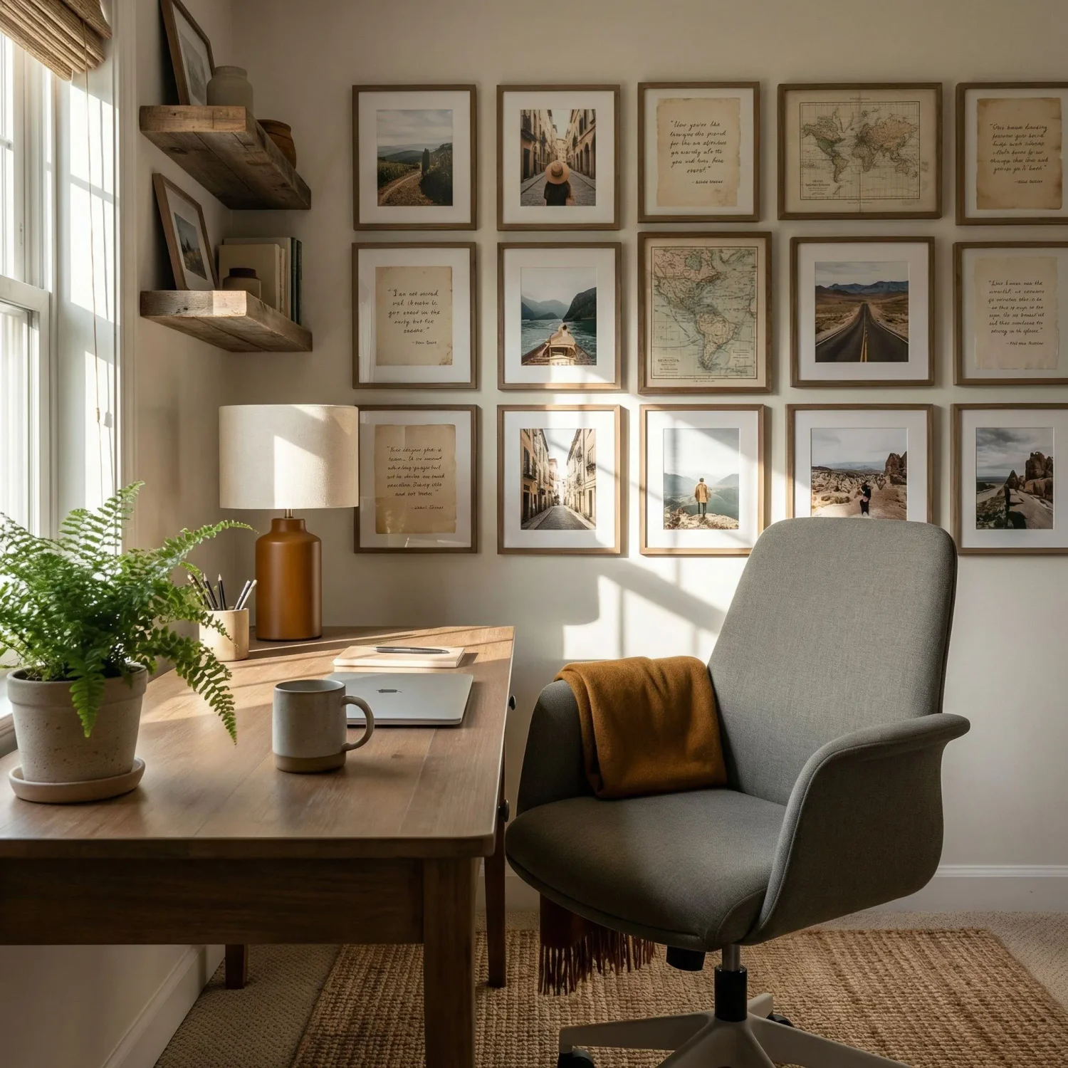 Sunlit home office with travel photo gallery wall and desk