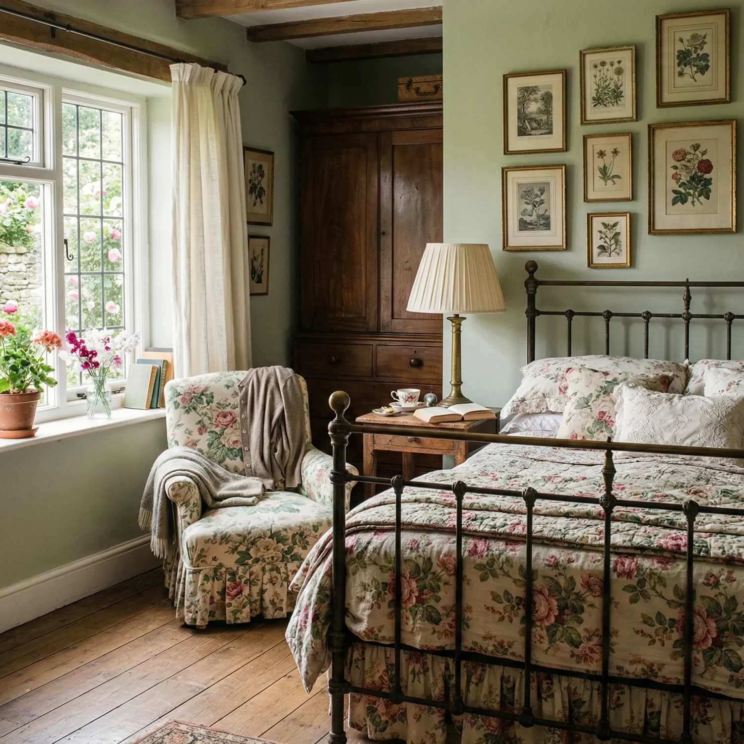 Cozy cottage bedroom with floral bedding and vintage wall art