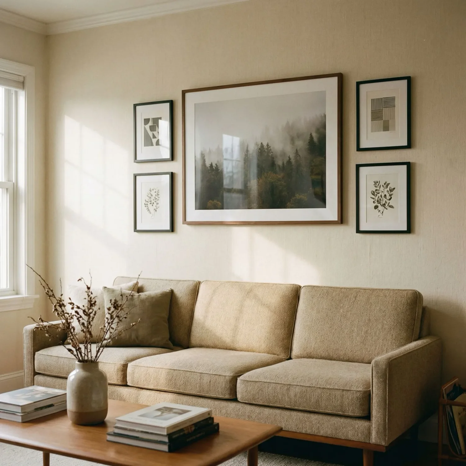 Centerpiece canvas collage layout on living room wall