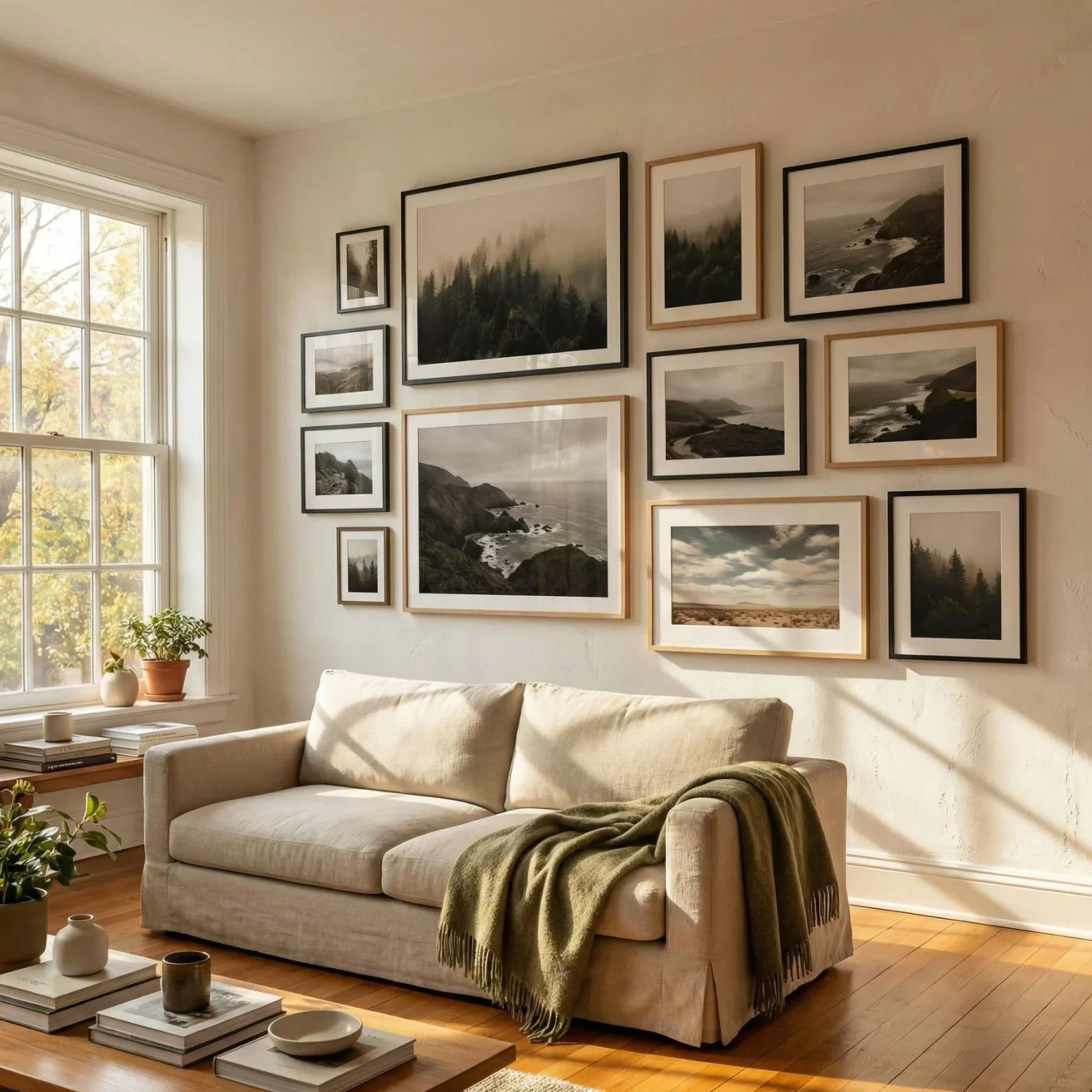 Landscape fine art framed photos on living room wall