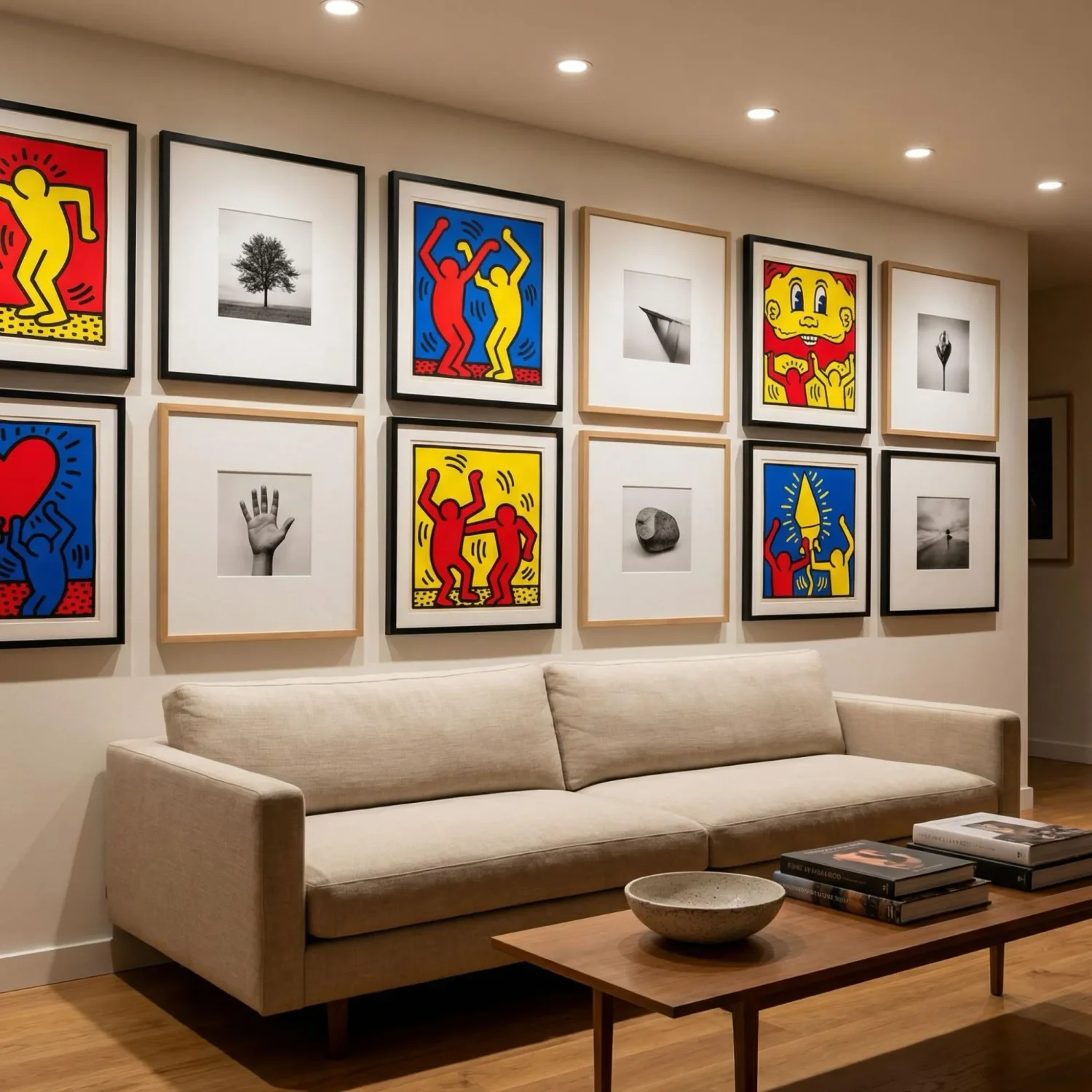 Pop art and minimalist framed photos mixed on wall