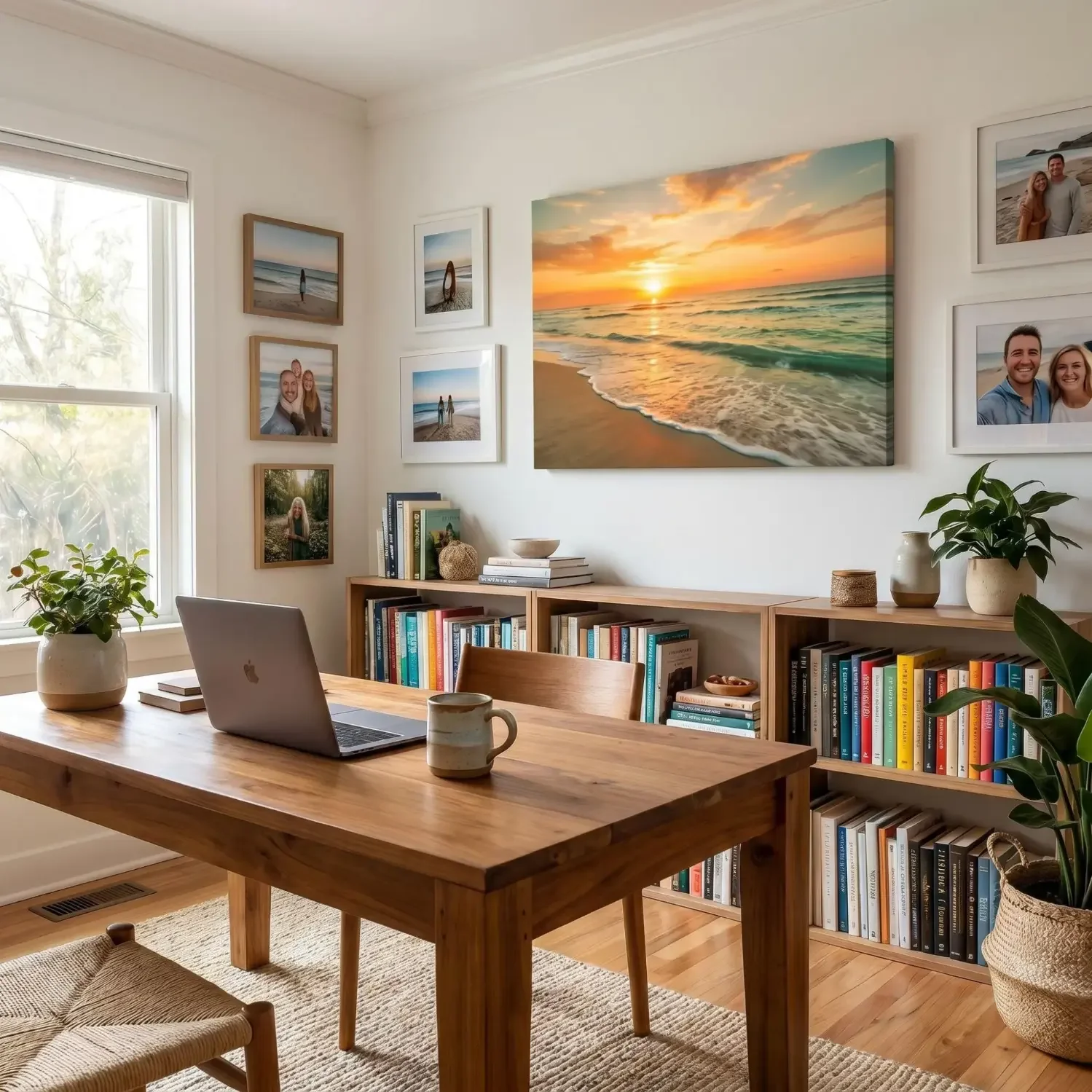 Beach sunrise canvas print in cozy home office