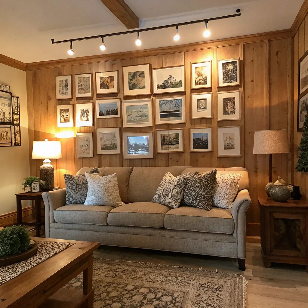 Living room with a large gallery wall above sofa, warm lighting, and wood accents.