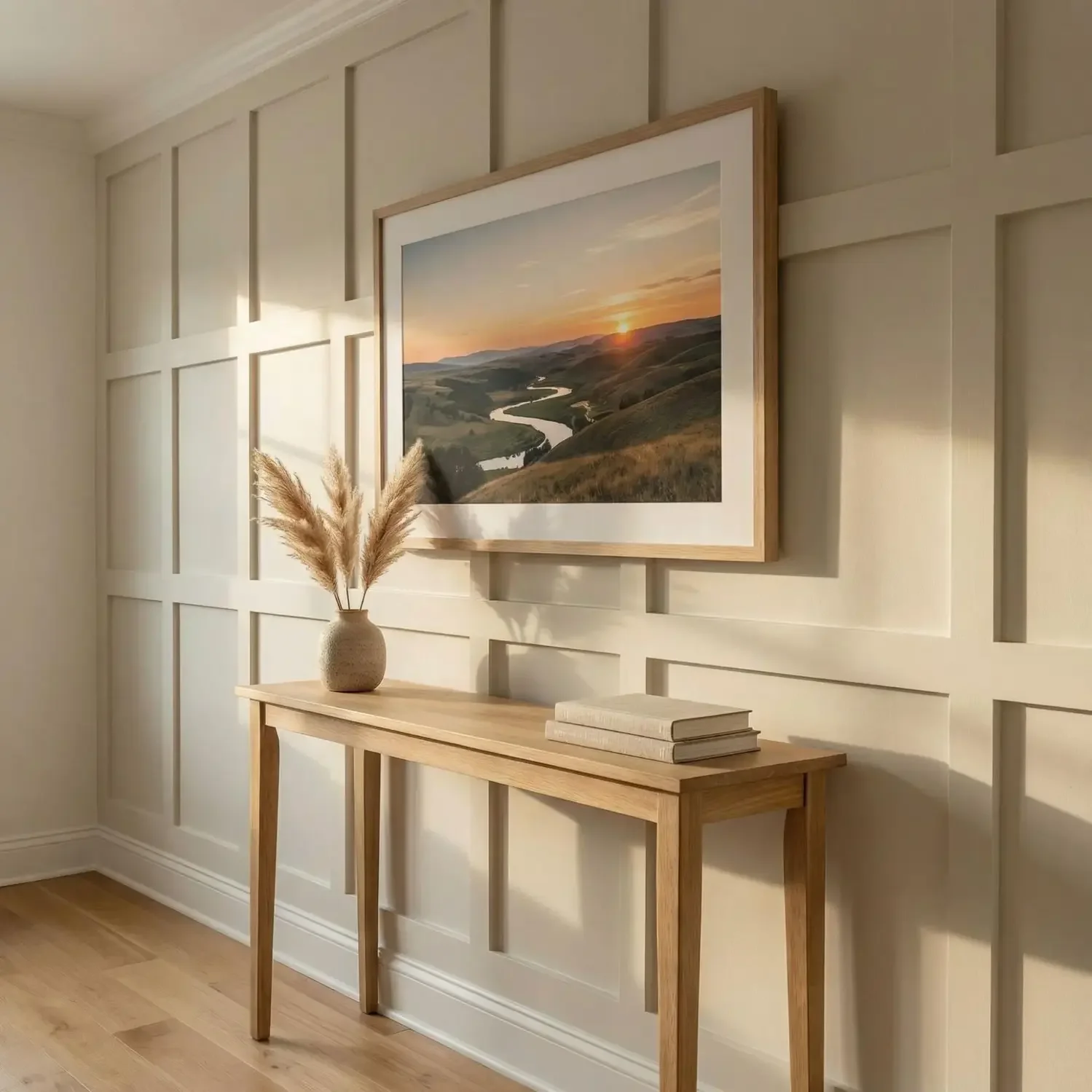 Board and batten wall texture with centered framed photo