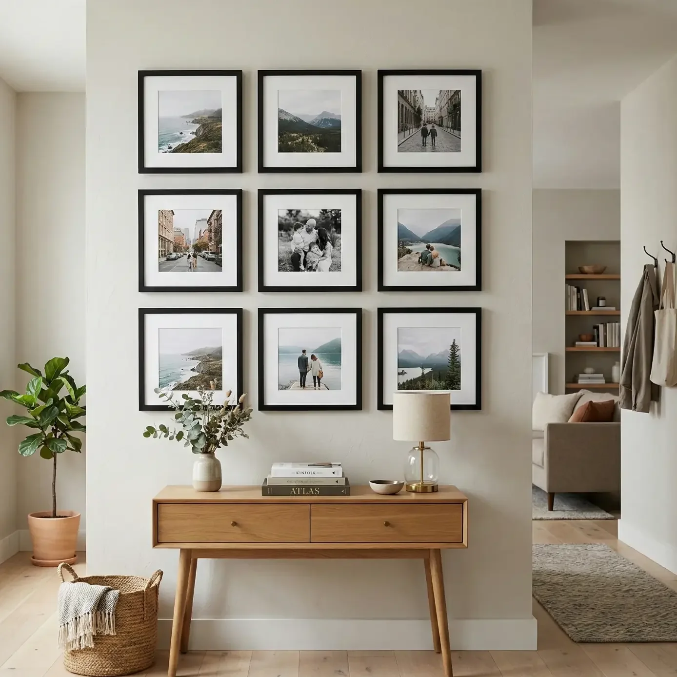 Entryway with wood console table and nine-photo gallery wall