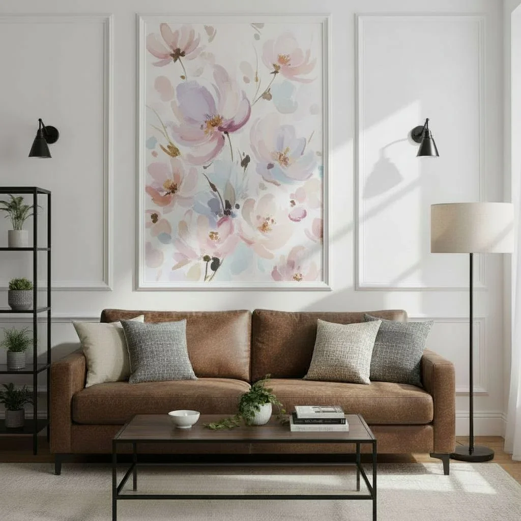 Large-scale floral mural framed on living room wall