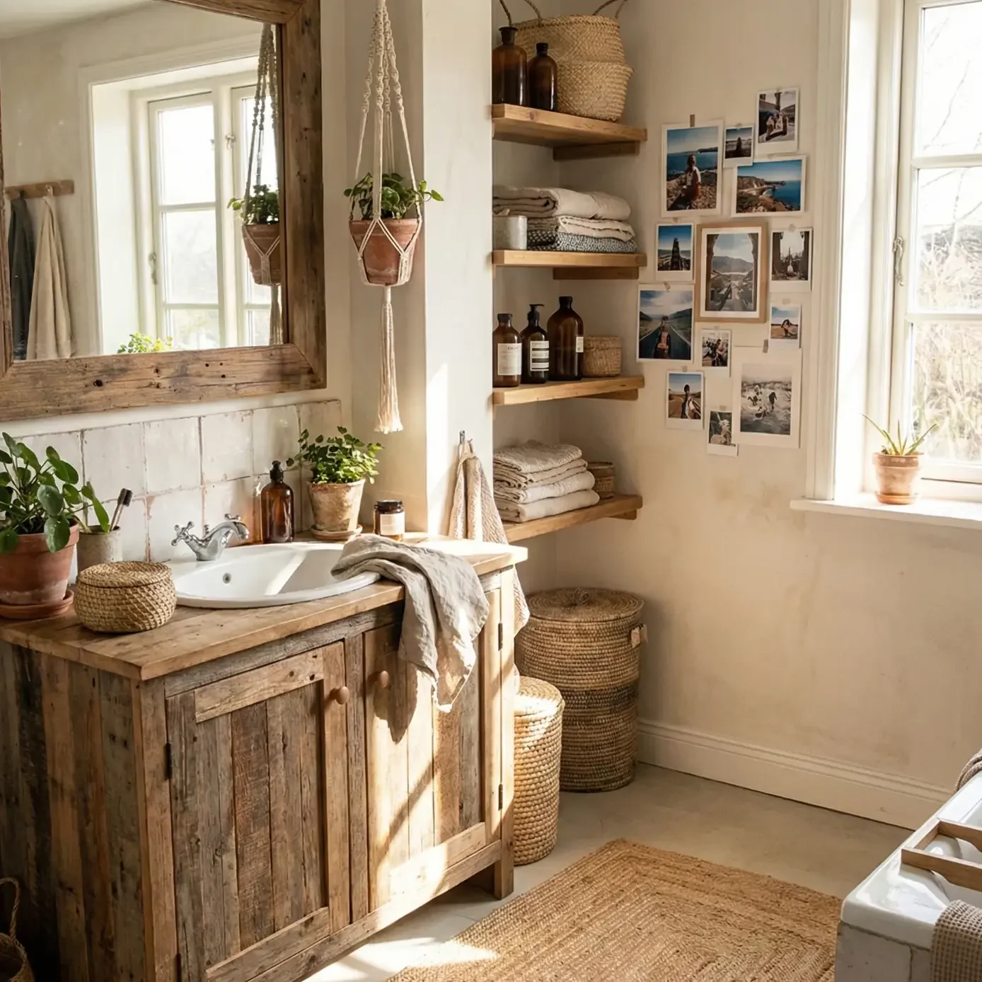 Sunlit rustic bathroom with wood vanity and open shelves.