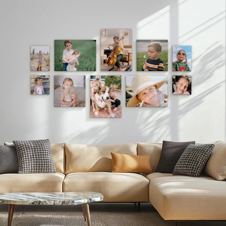 Living room gallery wall with playful family photo prints