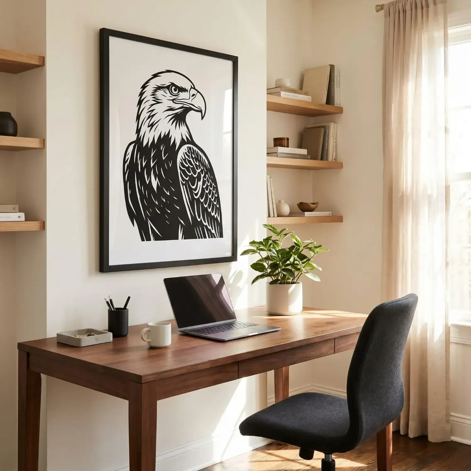 Bold black-and-white eagle print in modern home office