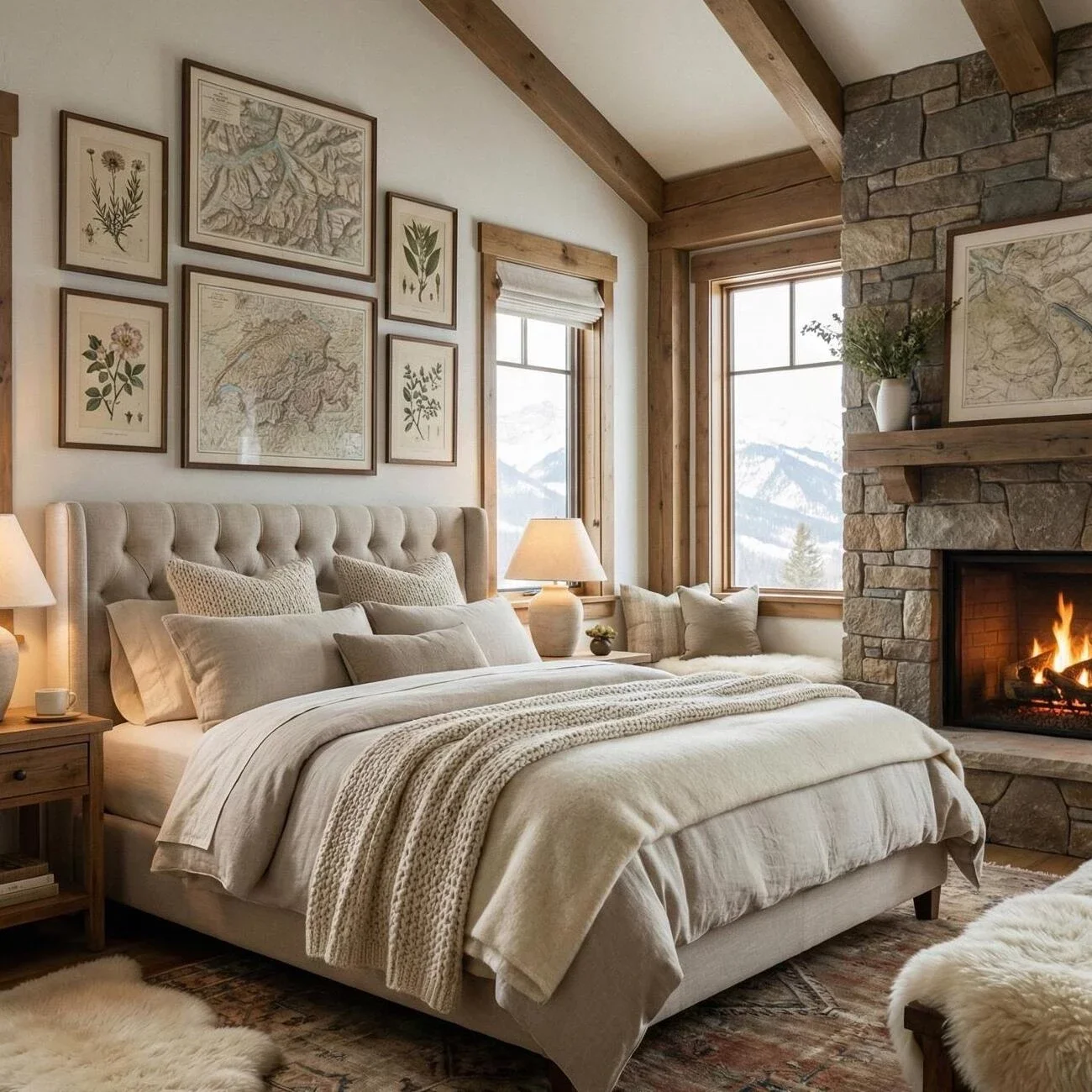 Rustic lodge bedroom layered with textures and vintage-style wall art
