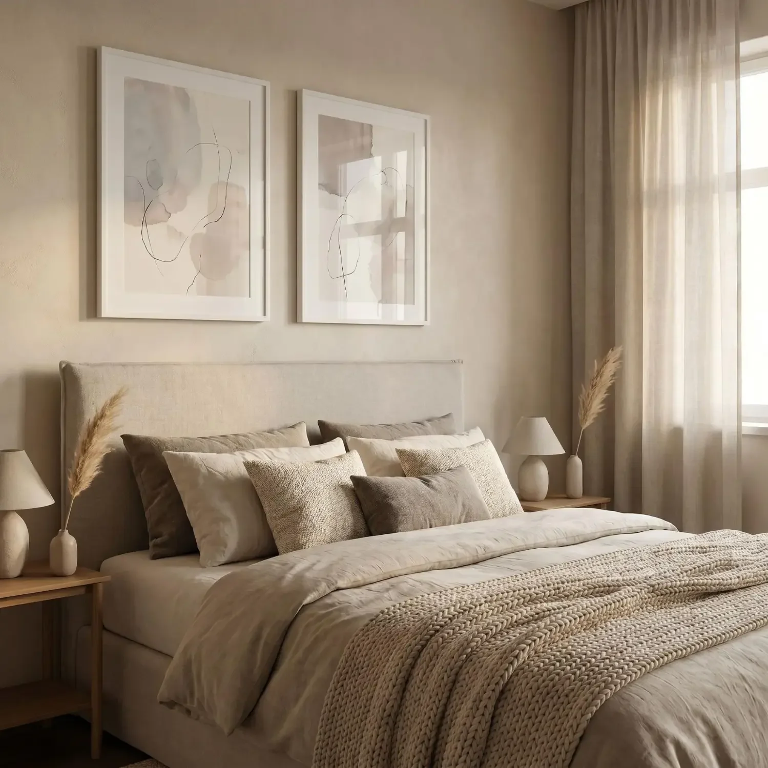 Matching abstract framed prints beside bed headboard